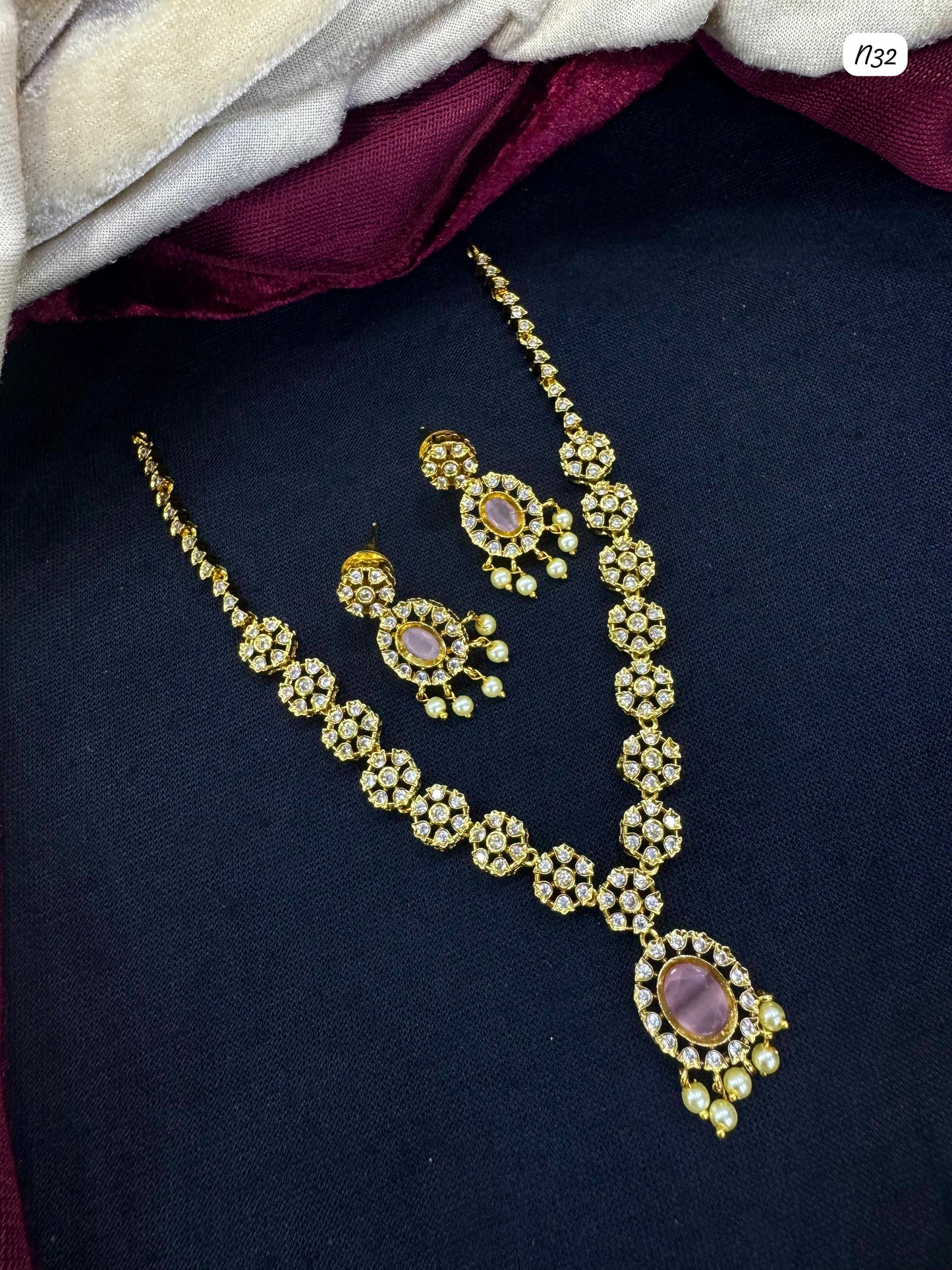 Kundan-Style AD Necklace and Earring Set with Stone and Pearl Detailing