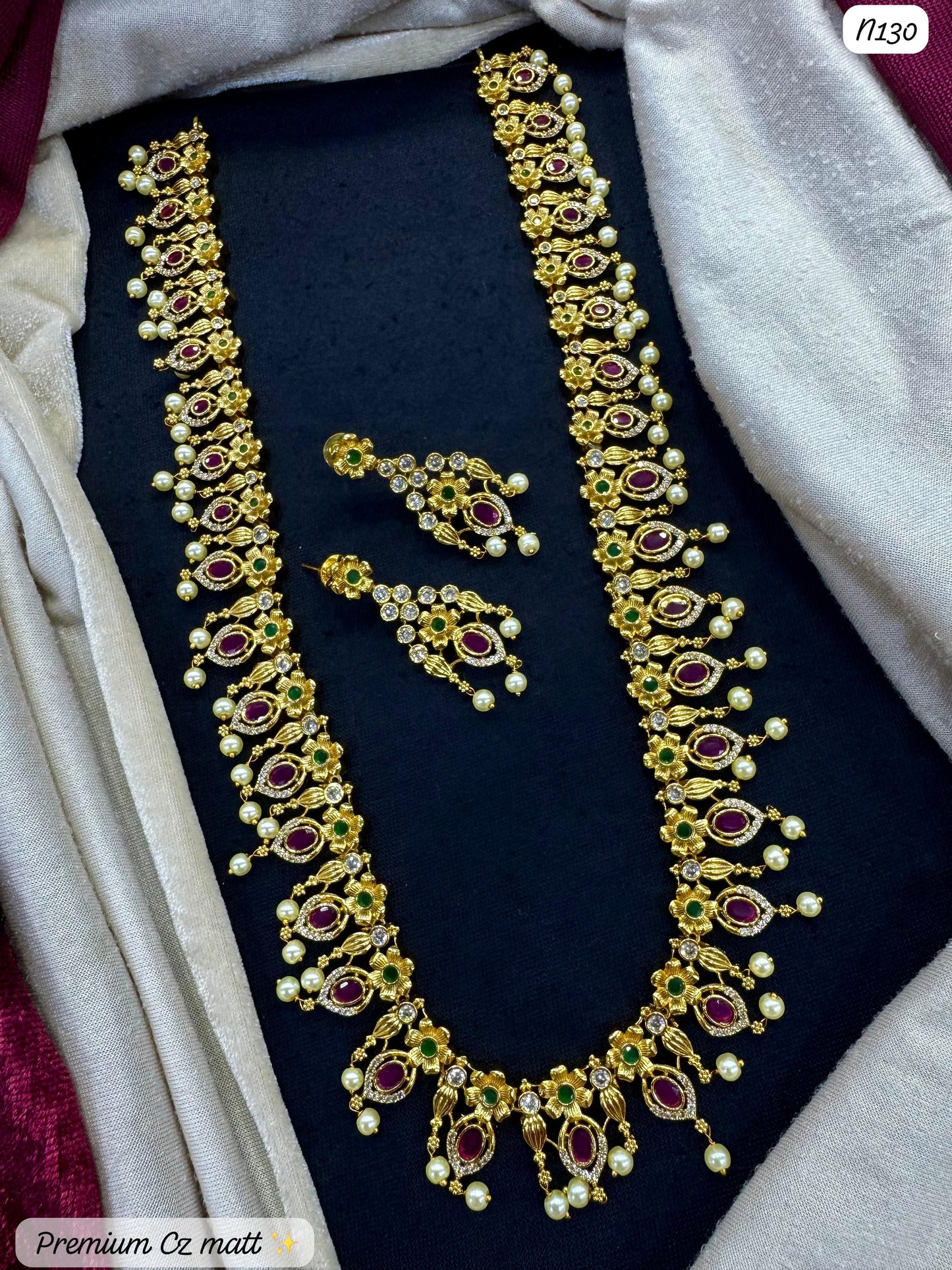Premium AD Matte Finish Gold-Plated Necklace & Earrings Set