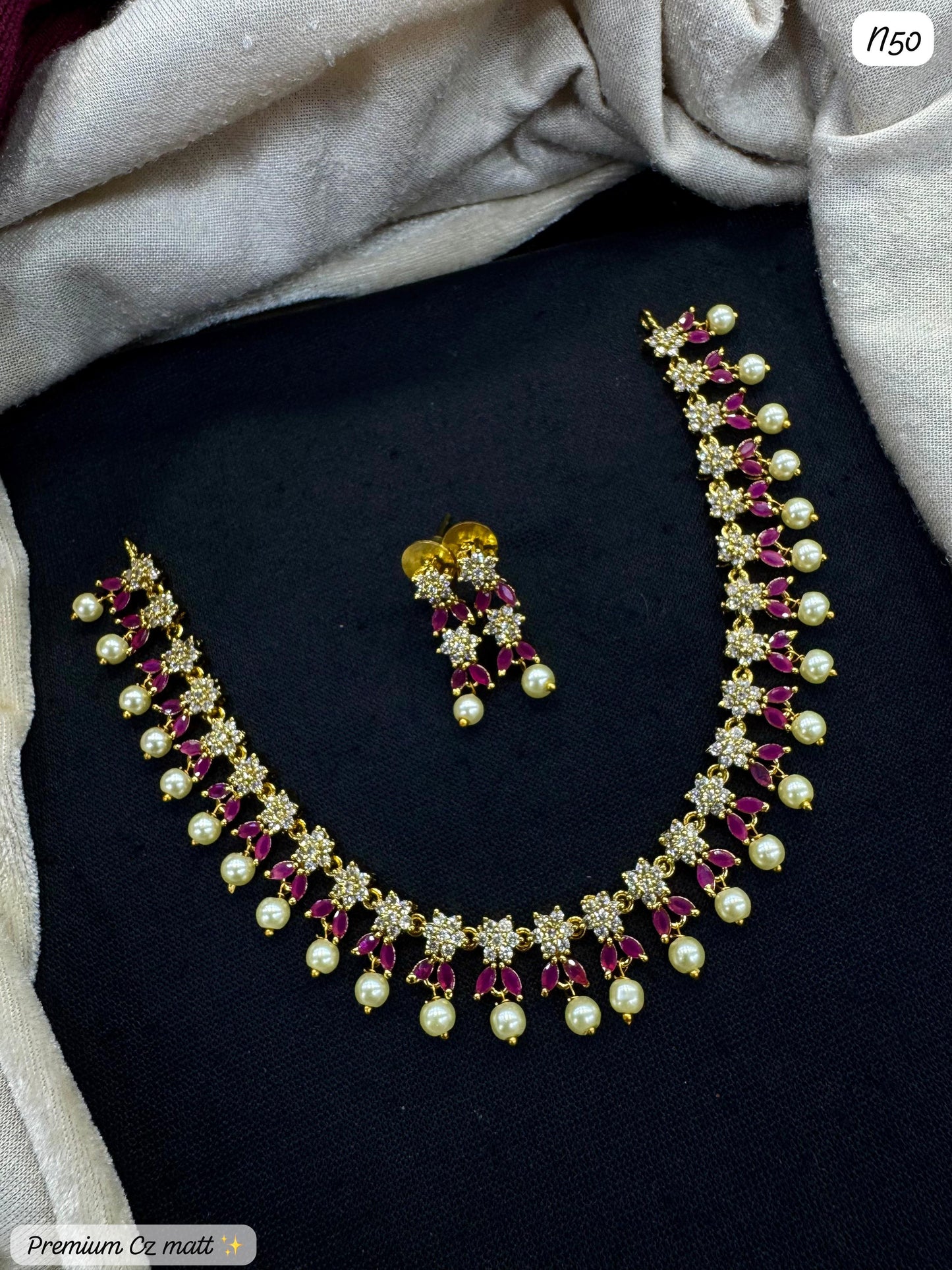 AD Matte Necklace & Earring Set with Ruby Stones & Pearl Drops