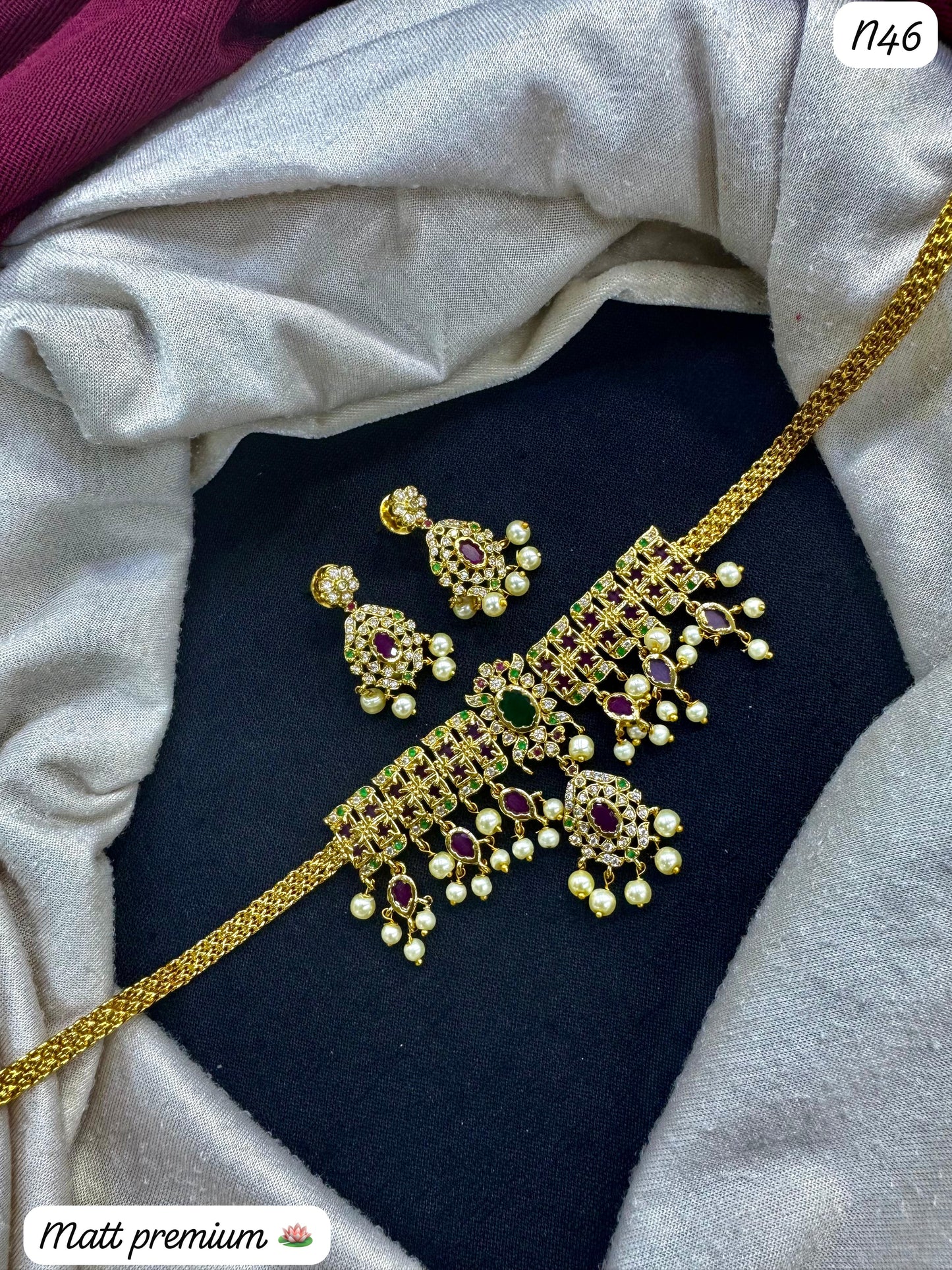 Matt Gold-Plated Necklace Set with AD Stones & Pearls – Premium Traditional Jewelry