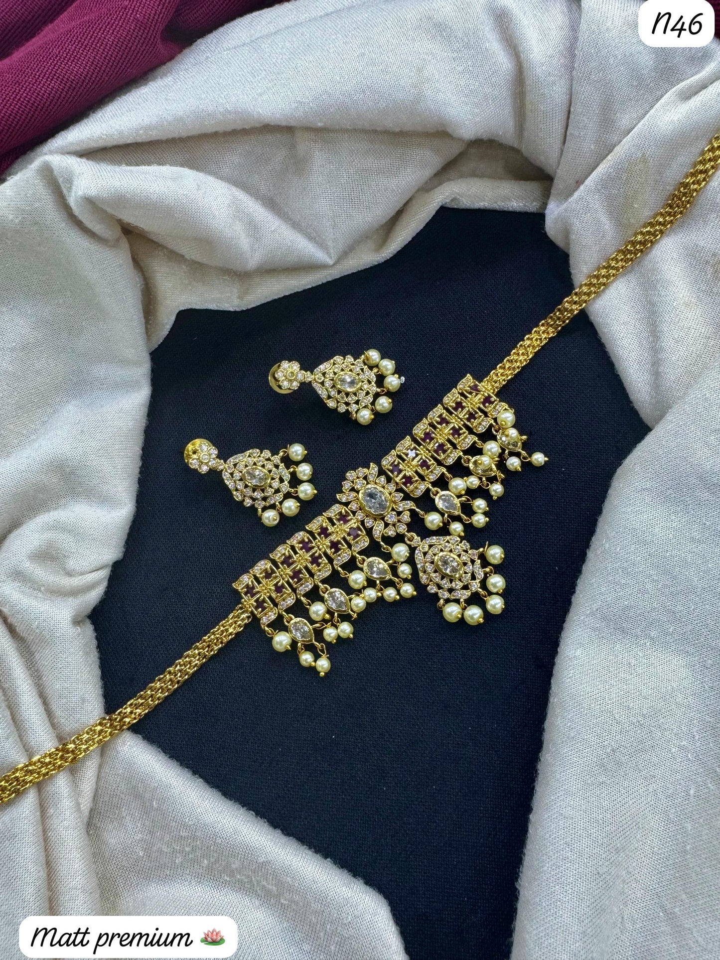 Matt Gold-Plated Necklace Set with AD Stones & Pearls – Premium Traditional Jewelry