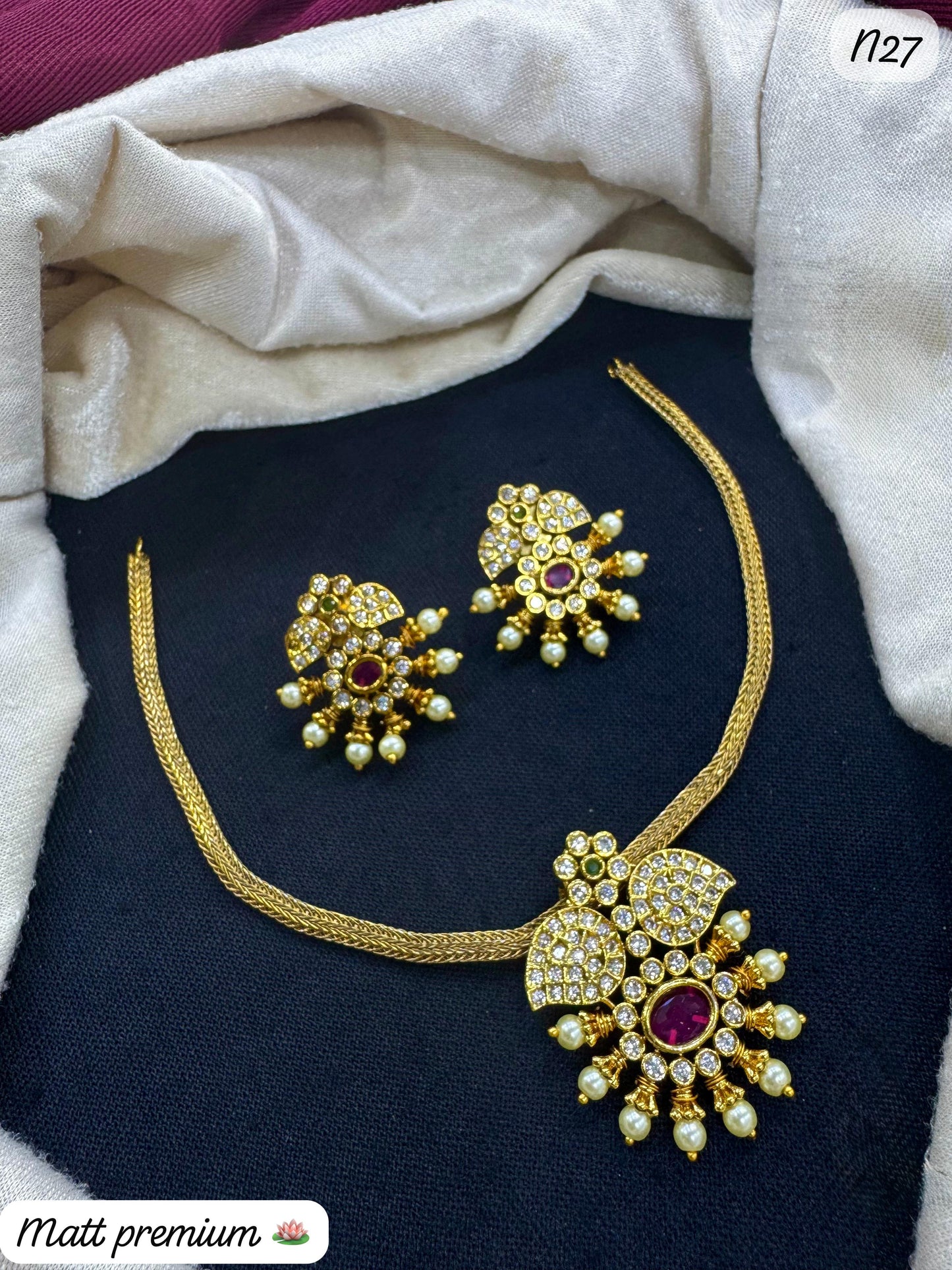 Gold-Plated Necklace Set with AD Stones & Pearls – Premium Designer Jewelry