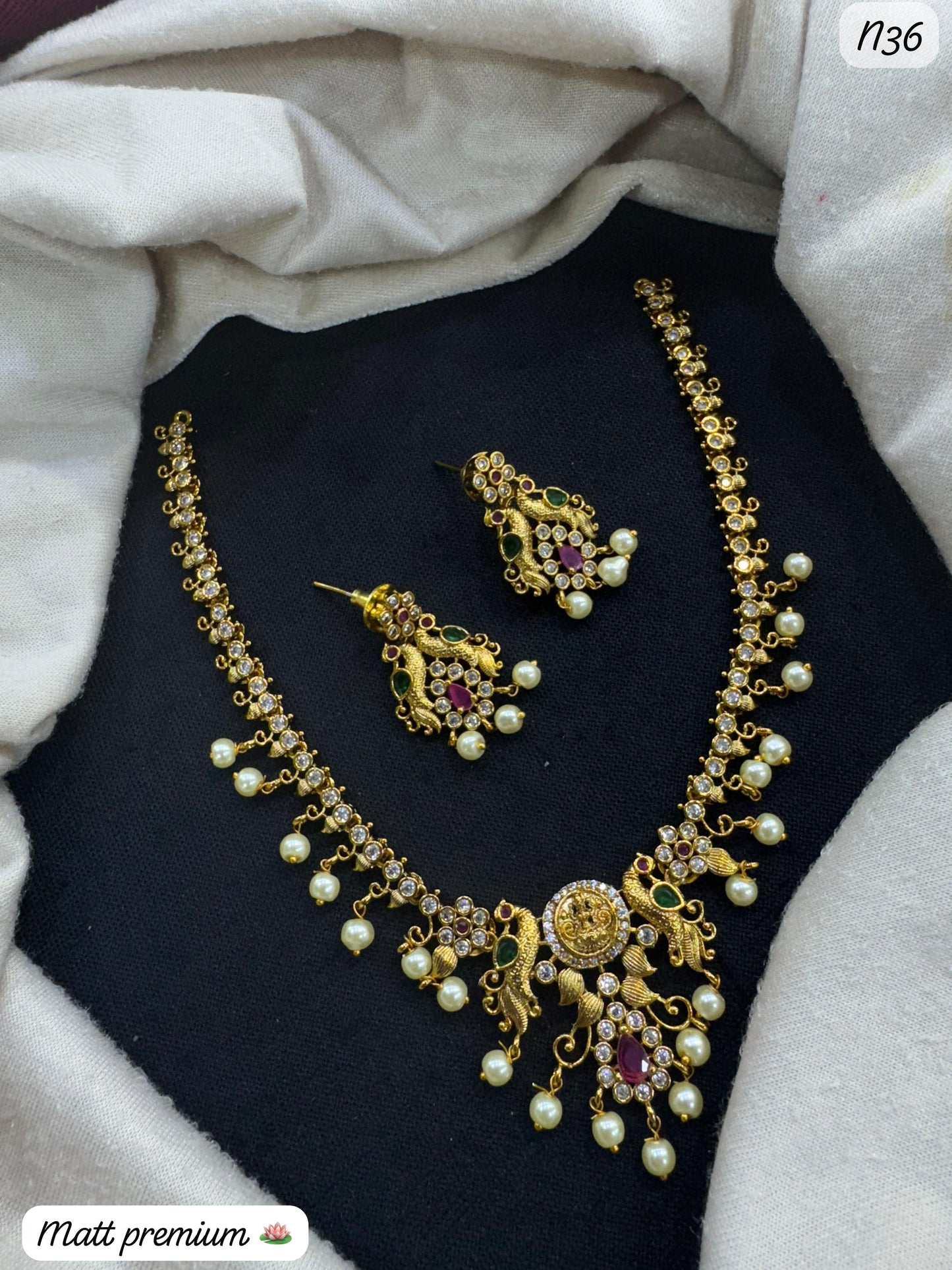 Elegant Premium Gold-Plated Necklace & Earring Set with AD Stones, Pearls & Gemstones