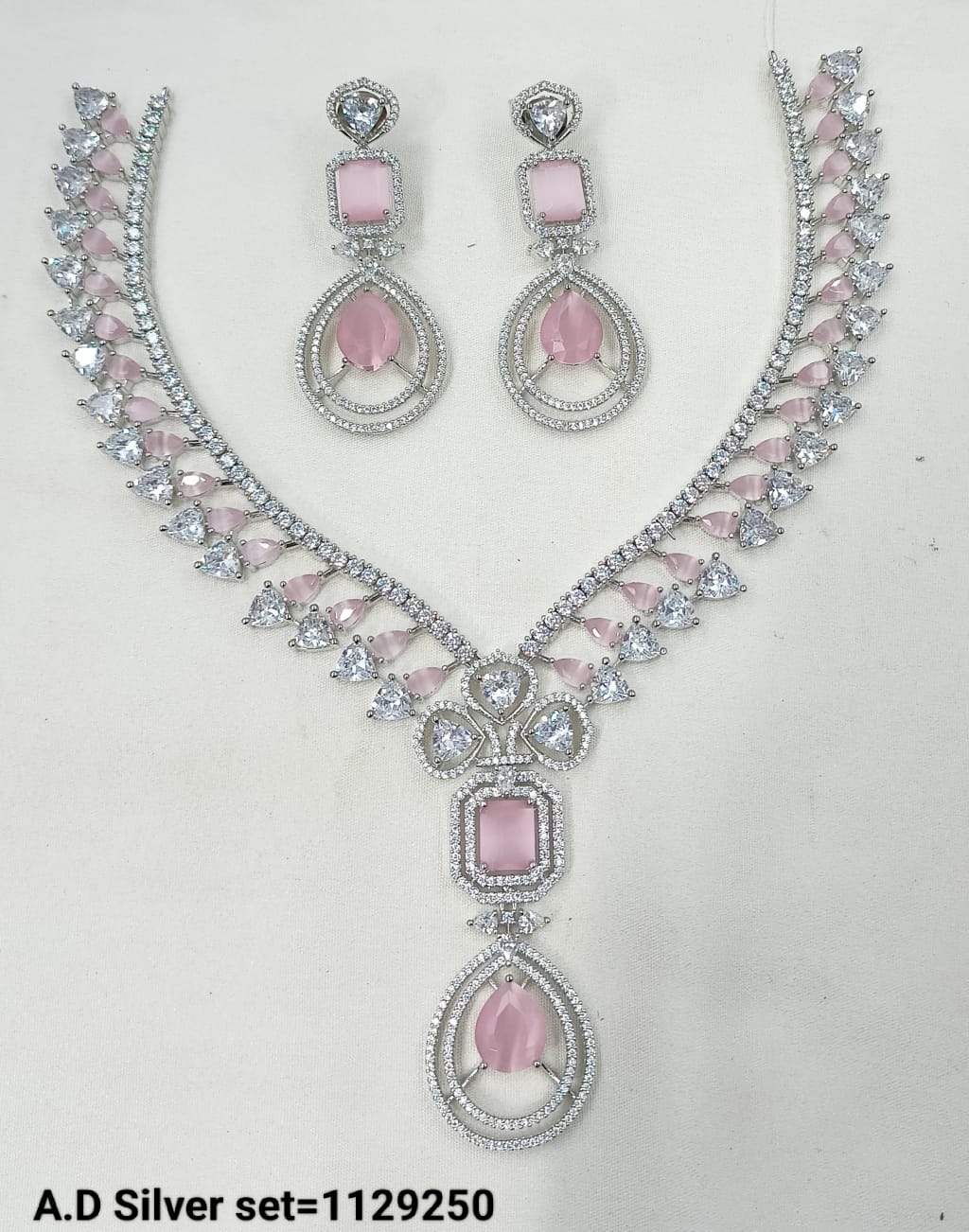 Silver-Plated AD Necklace Set with Matching Earrings – Bridal & Occasion Wear