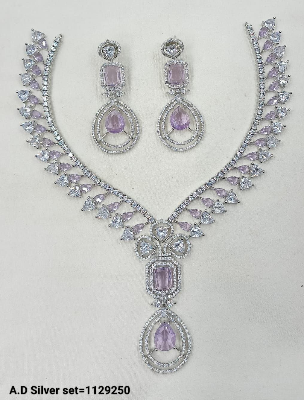 Silver-Plated AD Necklace Set with Matching Earrings – Bridal & Occasion Wear