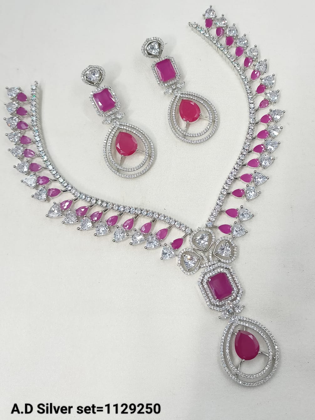 Silver-Plated AD Necklace Set with Matching Earrings – Bridal & Occasion Wear