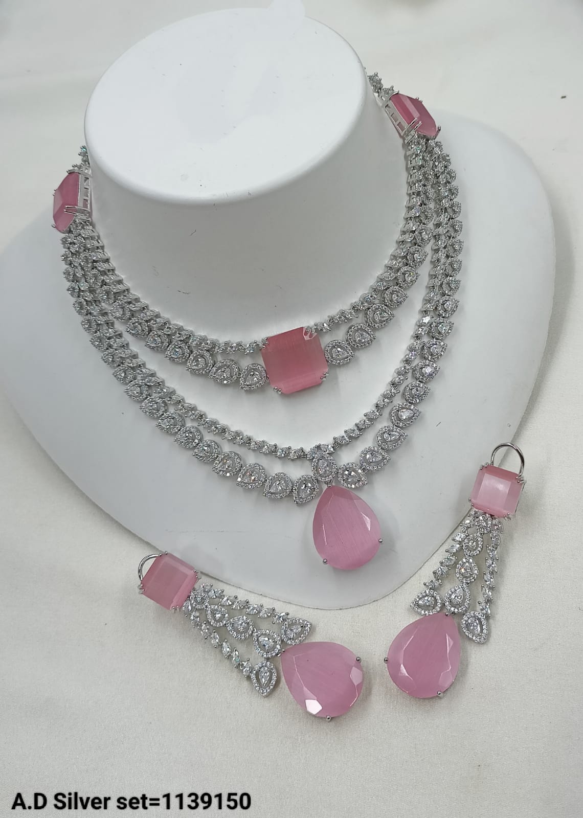 Luxury Silver-Plated AD Necklace Set with Layered Design – Bridal & Party Wear