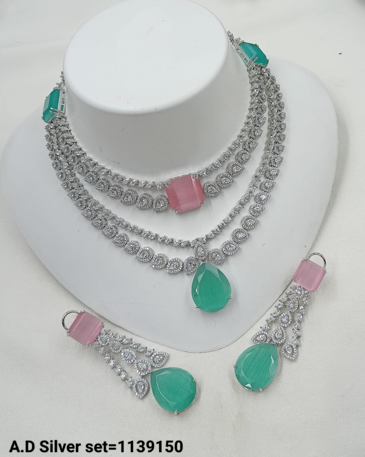 Luxury Silver-Plated AD Necklace Set with Layered Design – Bridal & Party Wear