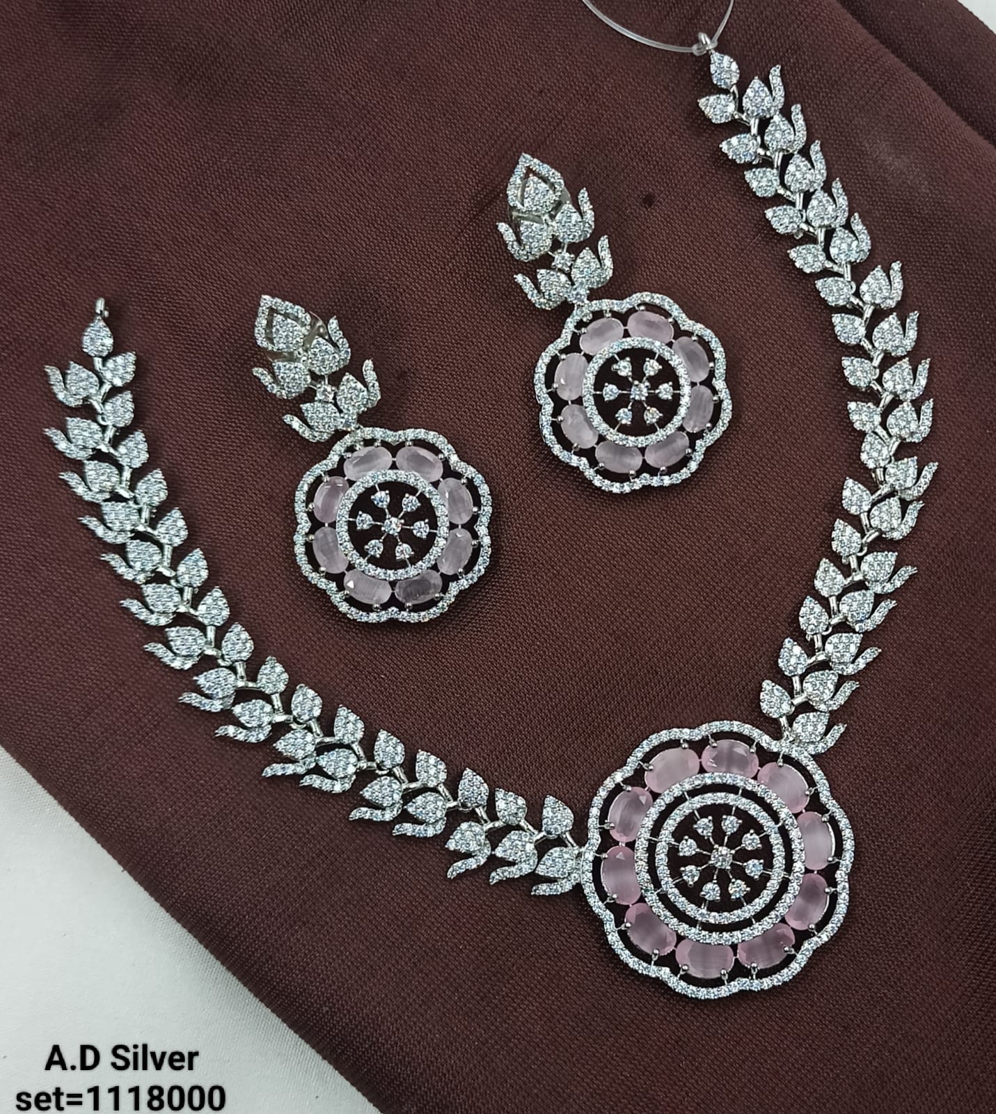 Floral Stone & American Diamond Necklace Set – Silver Finish