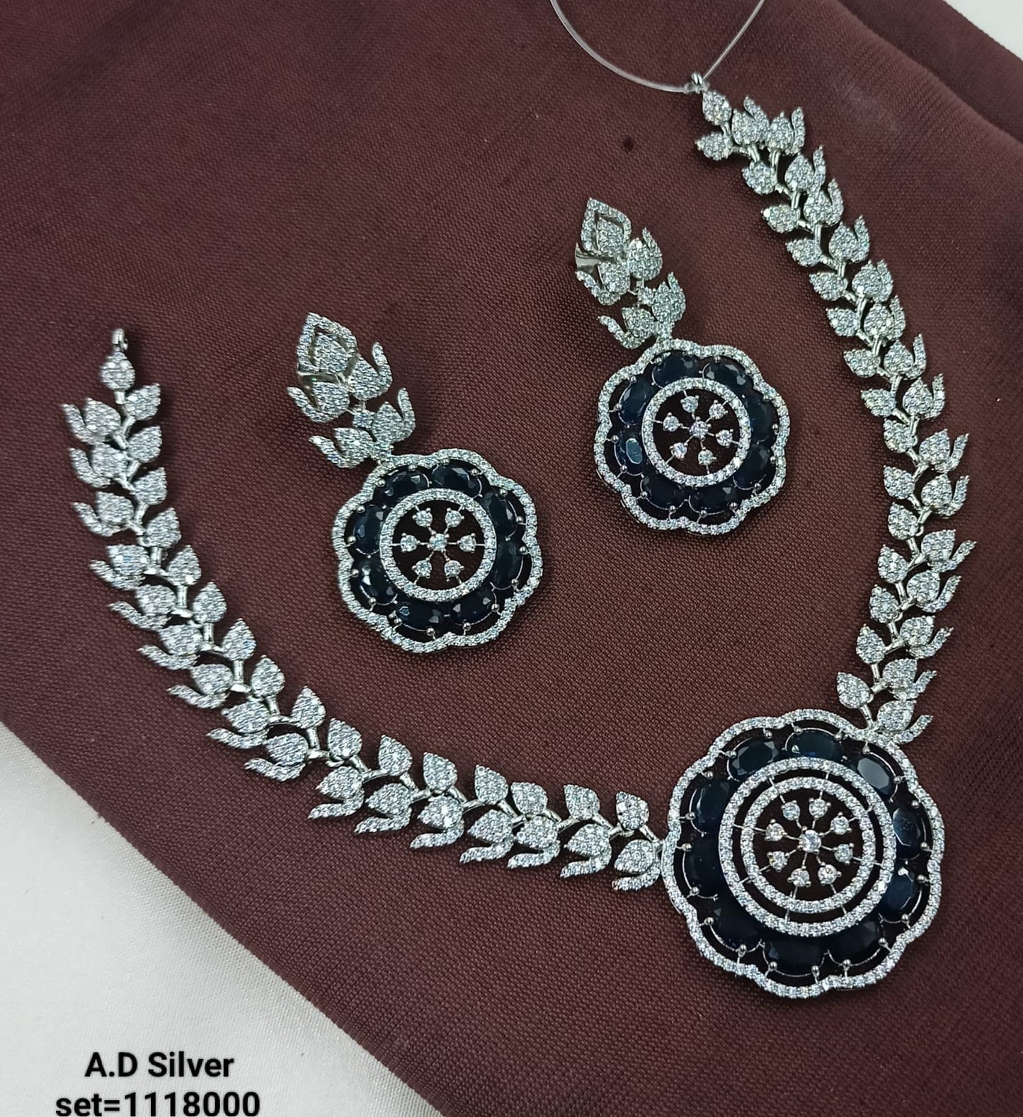 Floral Stone & American Diamond Necklace Set – Silver Finish