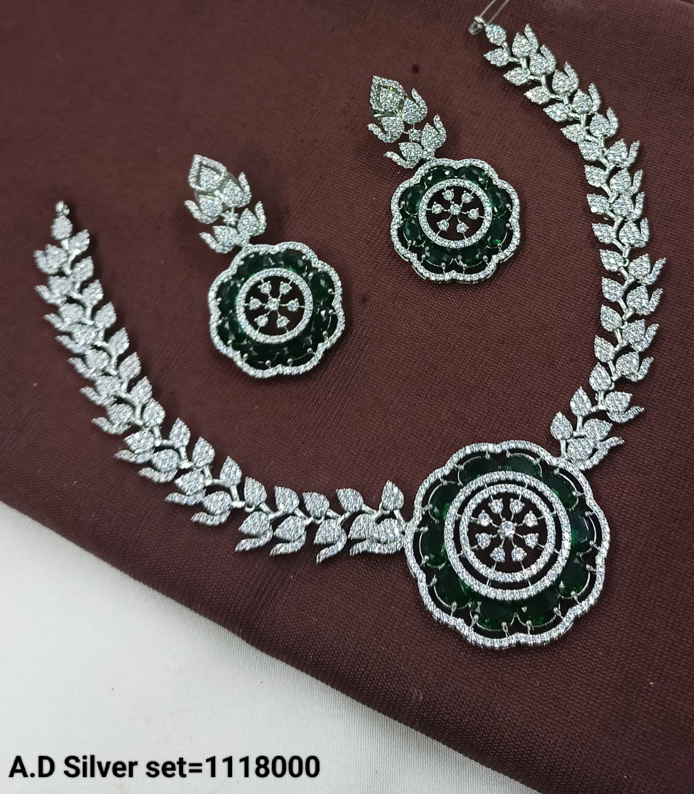 Floral Stone & American Diamond Necklace Set – Silver Finish