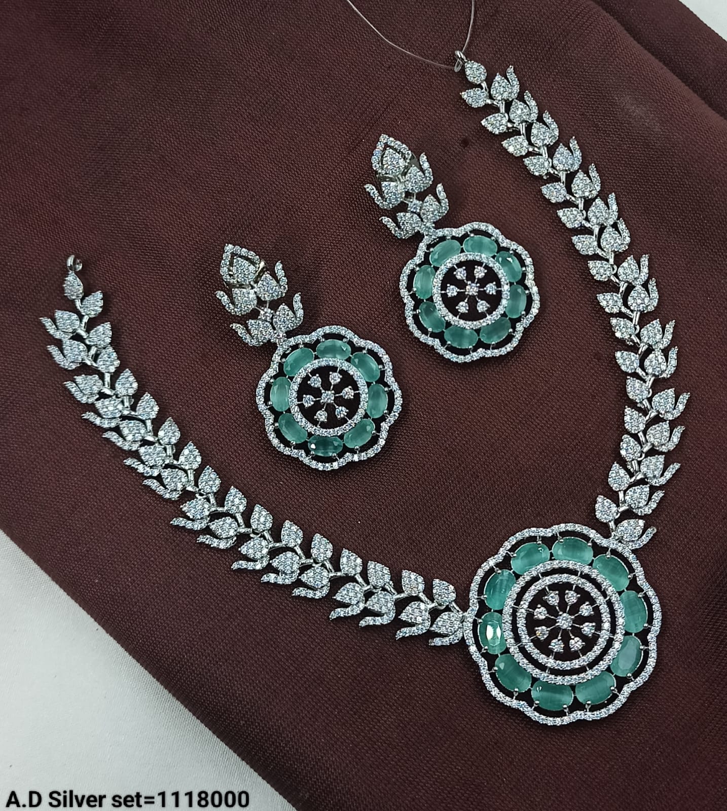 Floral Stone & American Diamond Necklace Set – Silver Finish