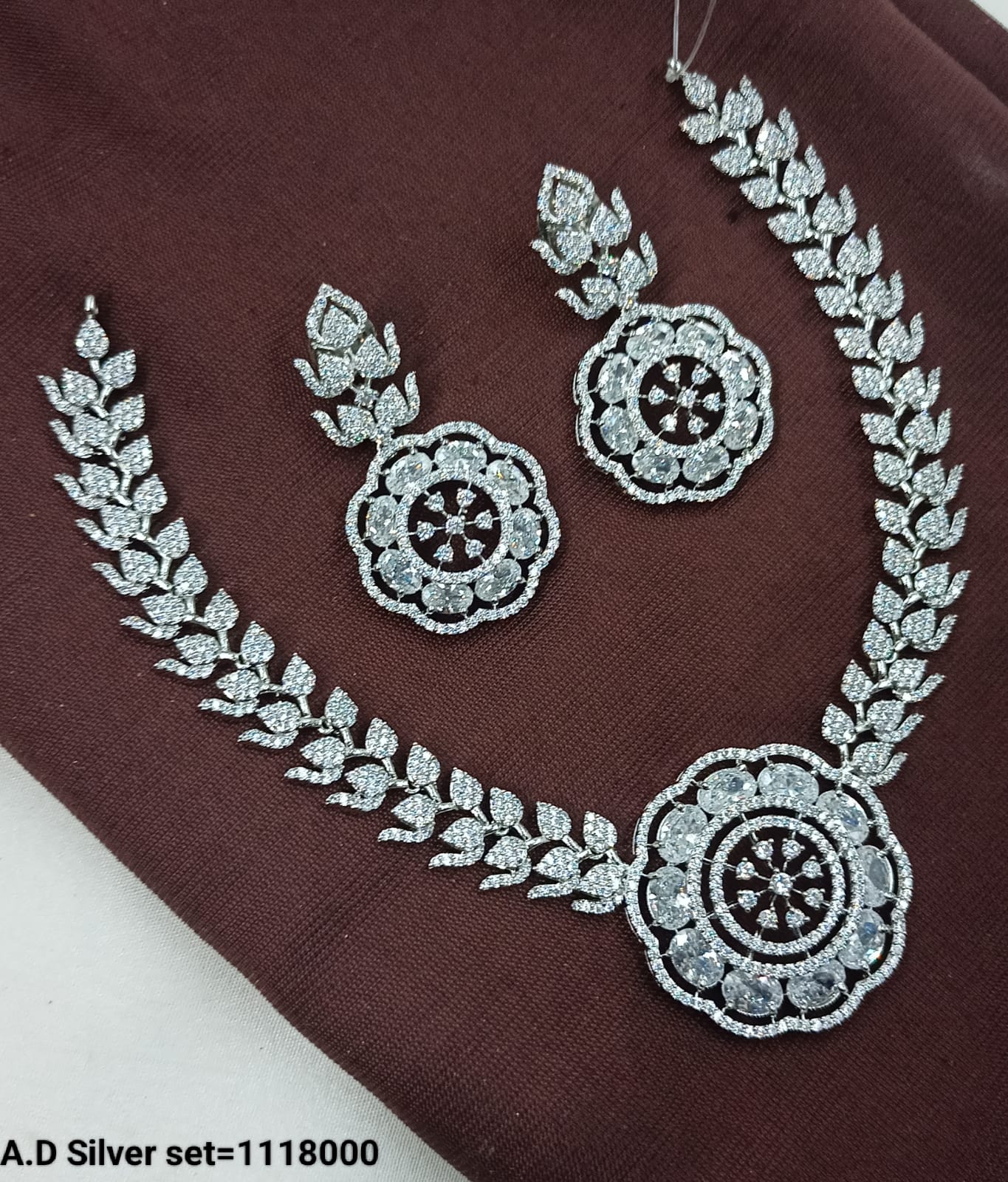 Floral Stone & American Diamond Necklace Set – Silver Finish