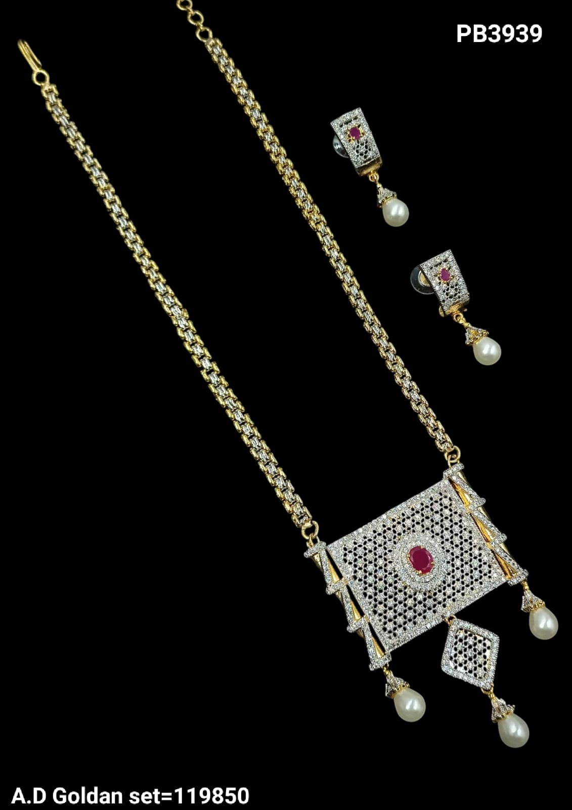 Elegant AD Pendant Necklace Set with Earrings – Gold-Toned Finish & Pearl Drops