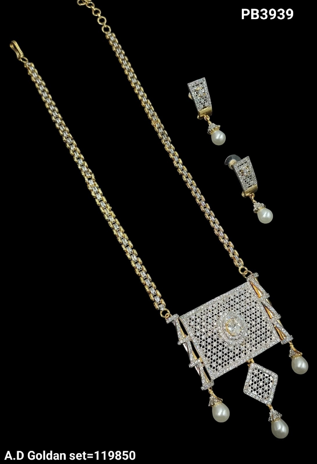 Elegant AD Pendant Necklace Set with Earrings – Gold-Toned Finish & Pearl Drops