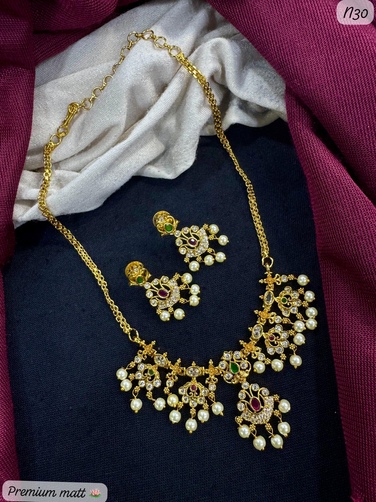Premium Matte Gold Necklace Set with Hanging Pearls – Traditional Multi-Stone Design