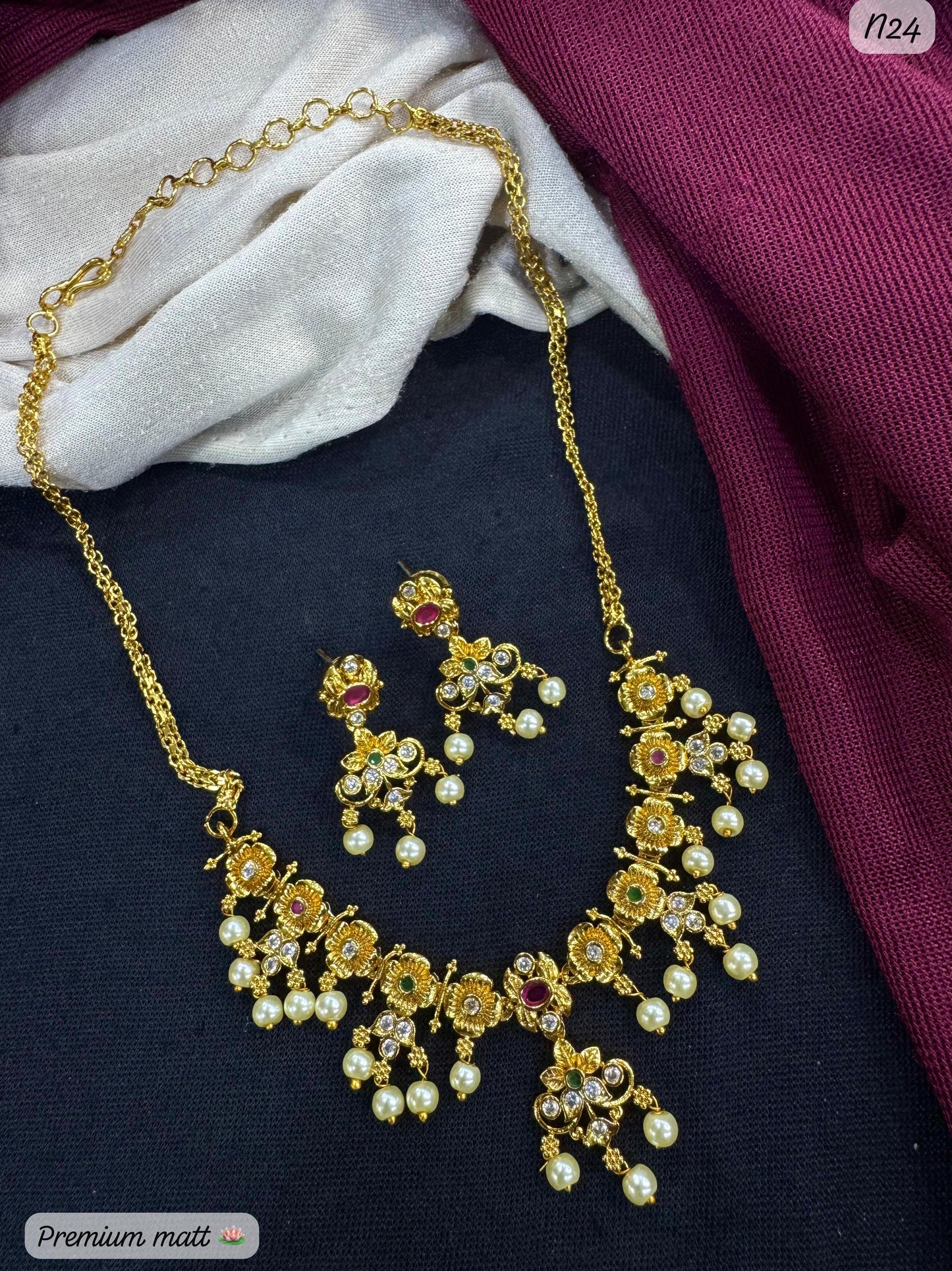 Premium Gold-Plated Floral AD Necklace Set with Pearl Drops & Matching Earrings