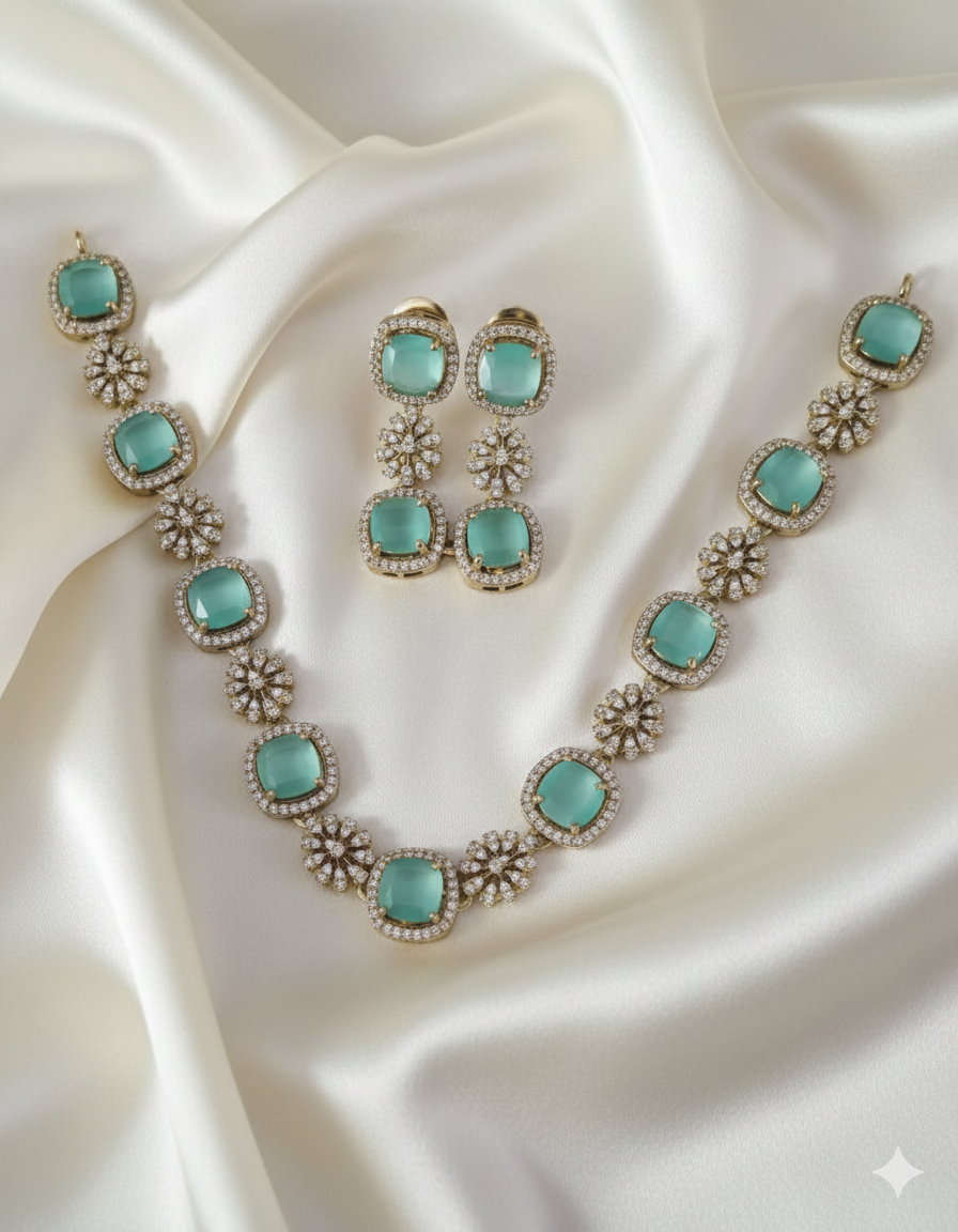 American Diamond Necklace with Drops Matching Earring For Woman