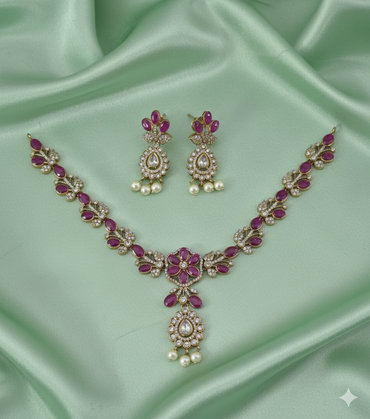 AD Diamond Emerald Necklace With Drops Matching Earring