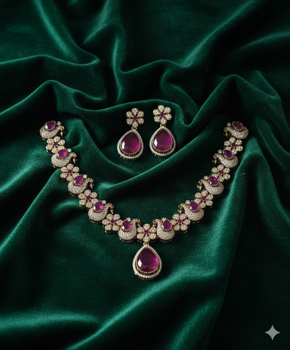 Peacock AD Jewellery Set With Necklace and Earrings For Woman & Girls
