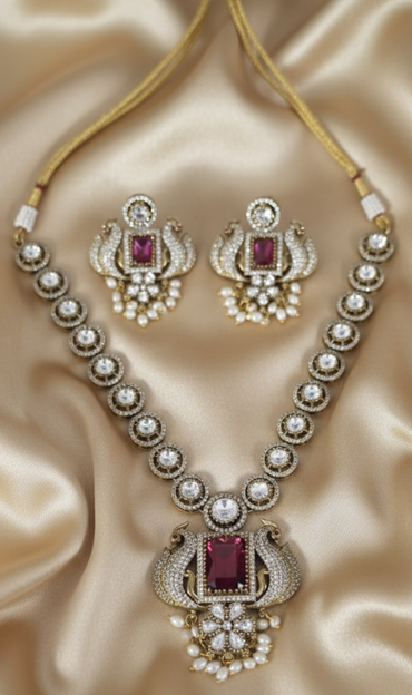 Peacock AD Diamond Jewelry Set With Drops Necklace & Earrings For Woman & Girls