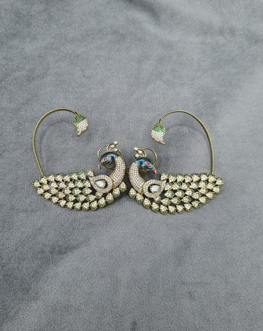 Ornate Peacock Ear Cuffs with Crystal Plumage