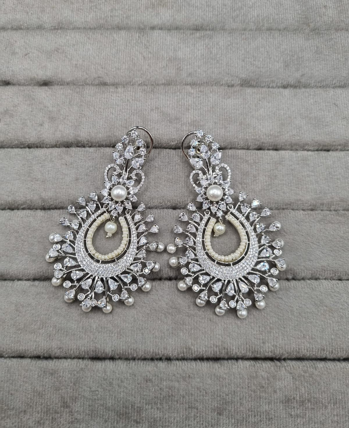 Silver-Tone Pearl Fringed American Diamond Earrings