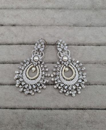 Silver-Tone Pearl Fringed American Diamond Earrings