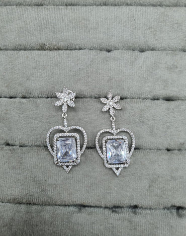 Mint Green & Silver AD Heart Dangle Earrings
