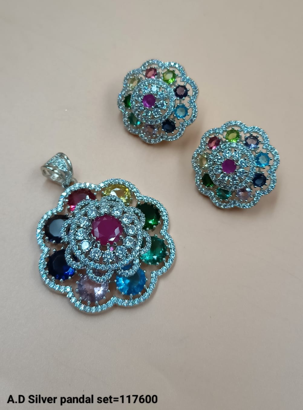 Silver Plated American Diamond Pendant Set