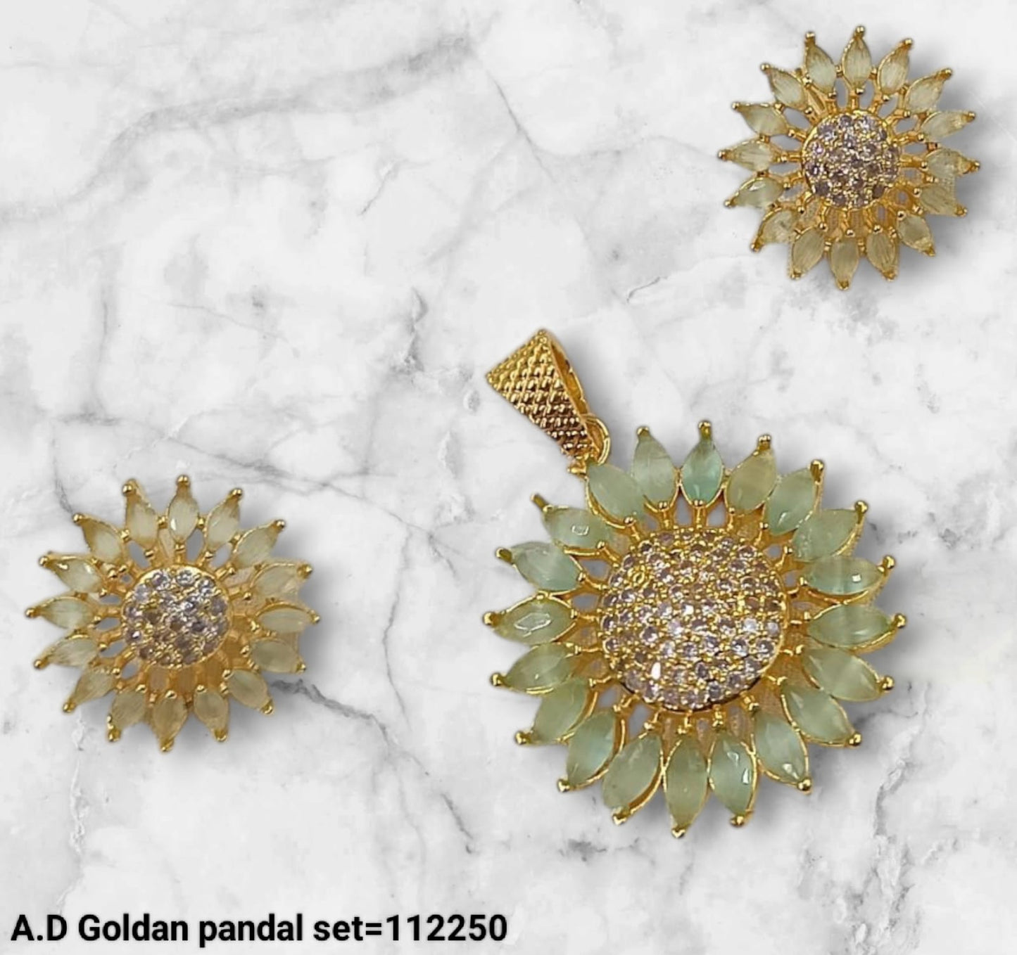 AD Gold Plated Floral Pendant Set & Matching Earrings For Woman