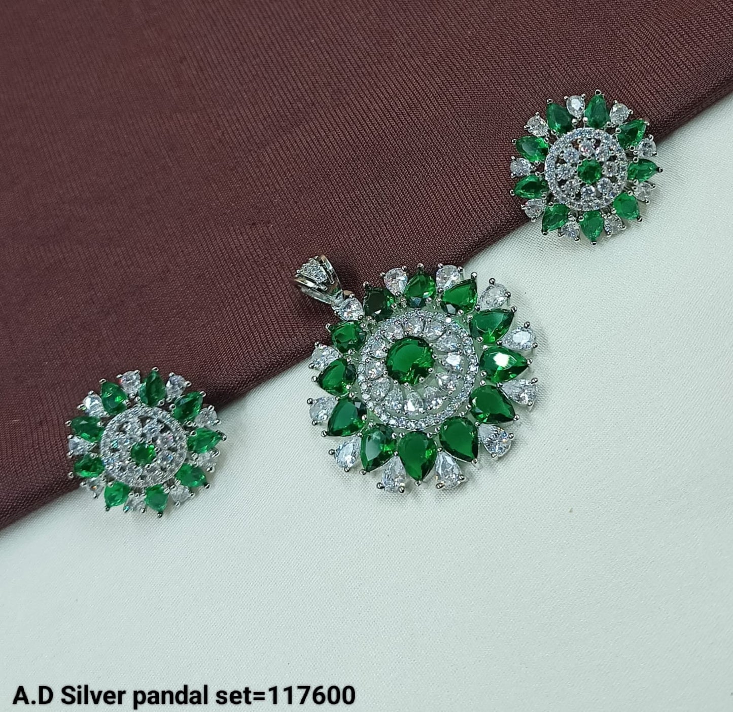 American Diamond Silver Plated Designer Pendant and Earring Set