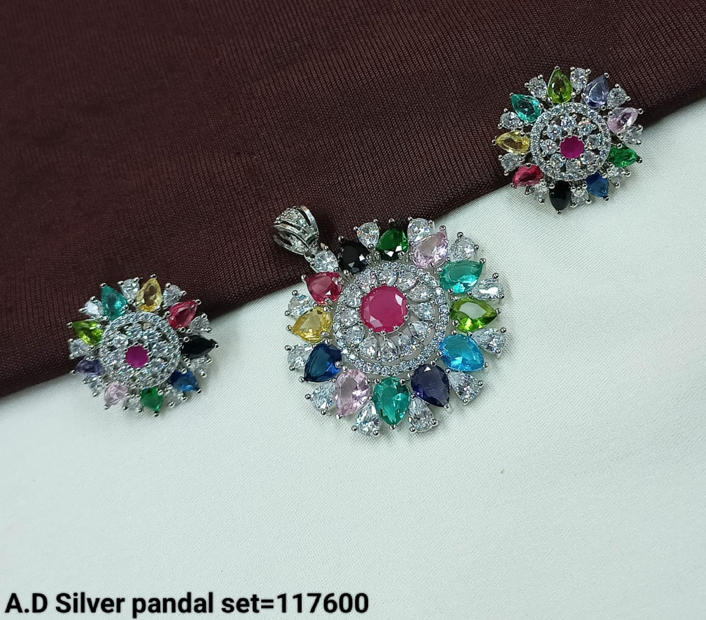 American Diamond Silver Plated Designer Pendant and Earring Set