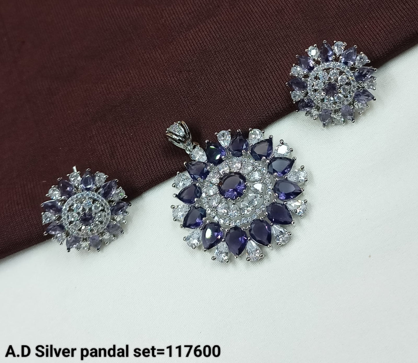 American Diamond Silver Plated Designer Pendant and Earring Set