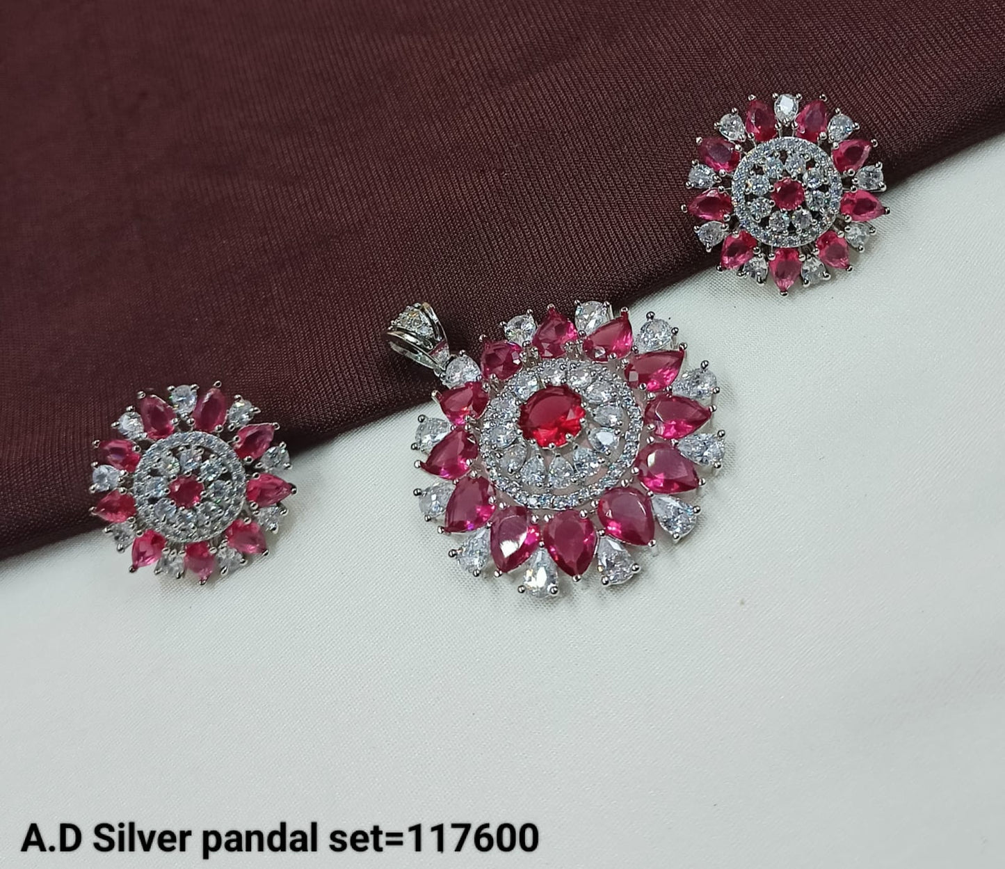 American Diamond Silver Plated Designer Pendant and Earring Set