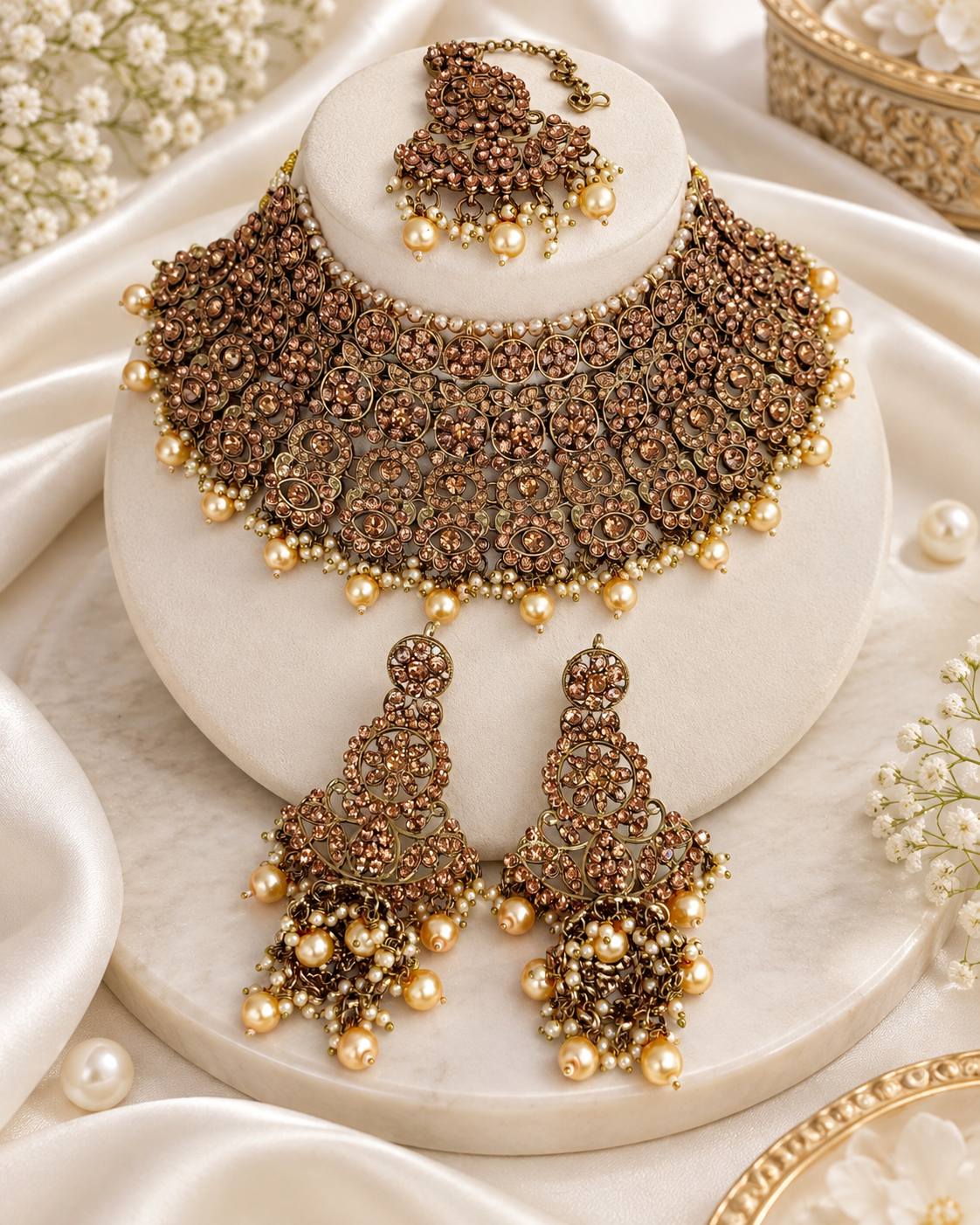 Antique Finish Broad Bridal Choker Necklace Set with Jhumka Earrings & Maang Tikka