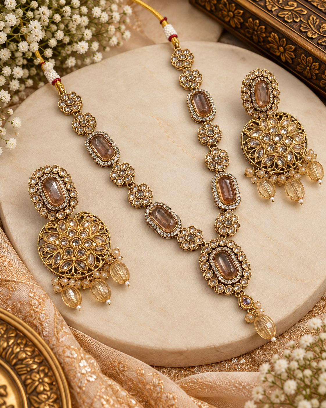 Elegant Kundan Jewelry Set With Necklace Drop Earrings And Tikka For Woman