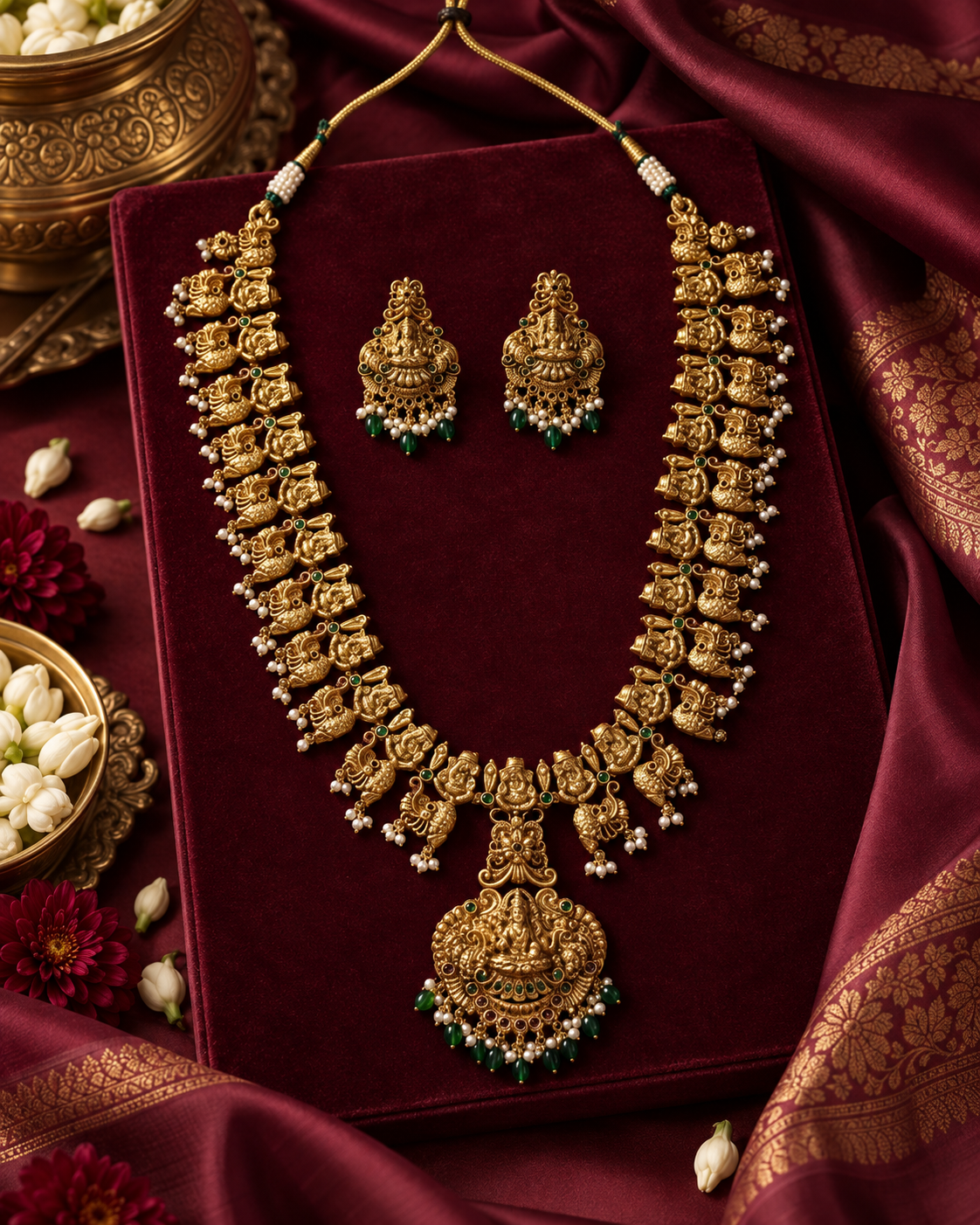 Lakshmi Temple Matte Gold Jewellery Necklace Set With Drops Earrings