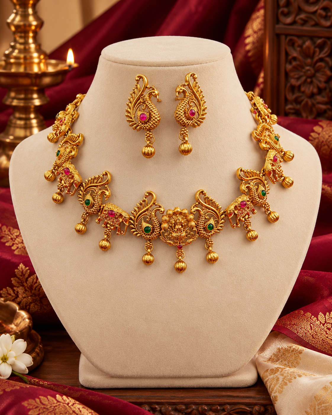 Gold Gajalakshmi Choker with Elephant & Peacock Necklace Set