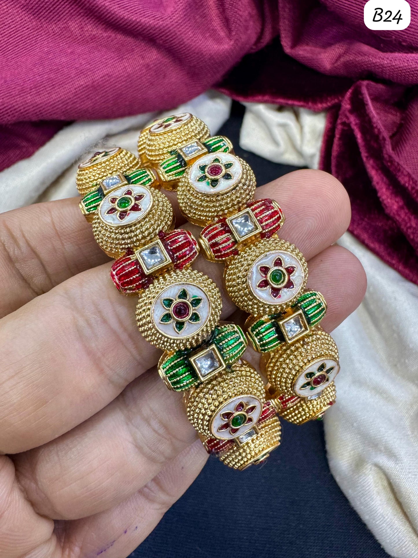 Elegant Gold-Plated Traditional Bangles with Red & Green Enamel Detailing –  Lucentemarket