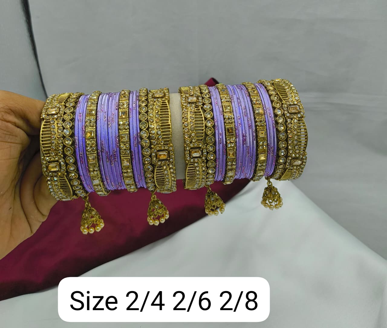 Lavender Gold Chuda Bangle Set With Mini Charms Latkans For Woman