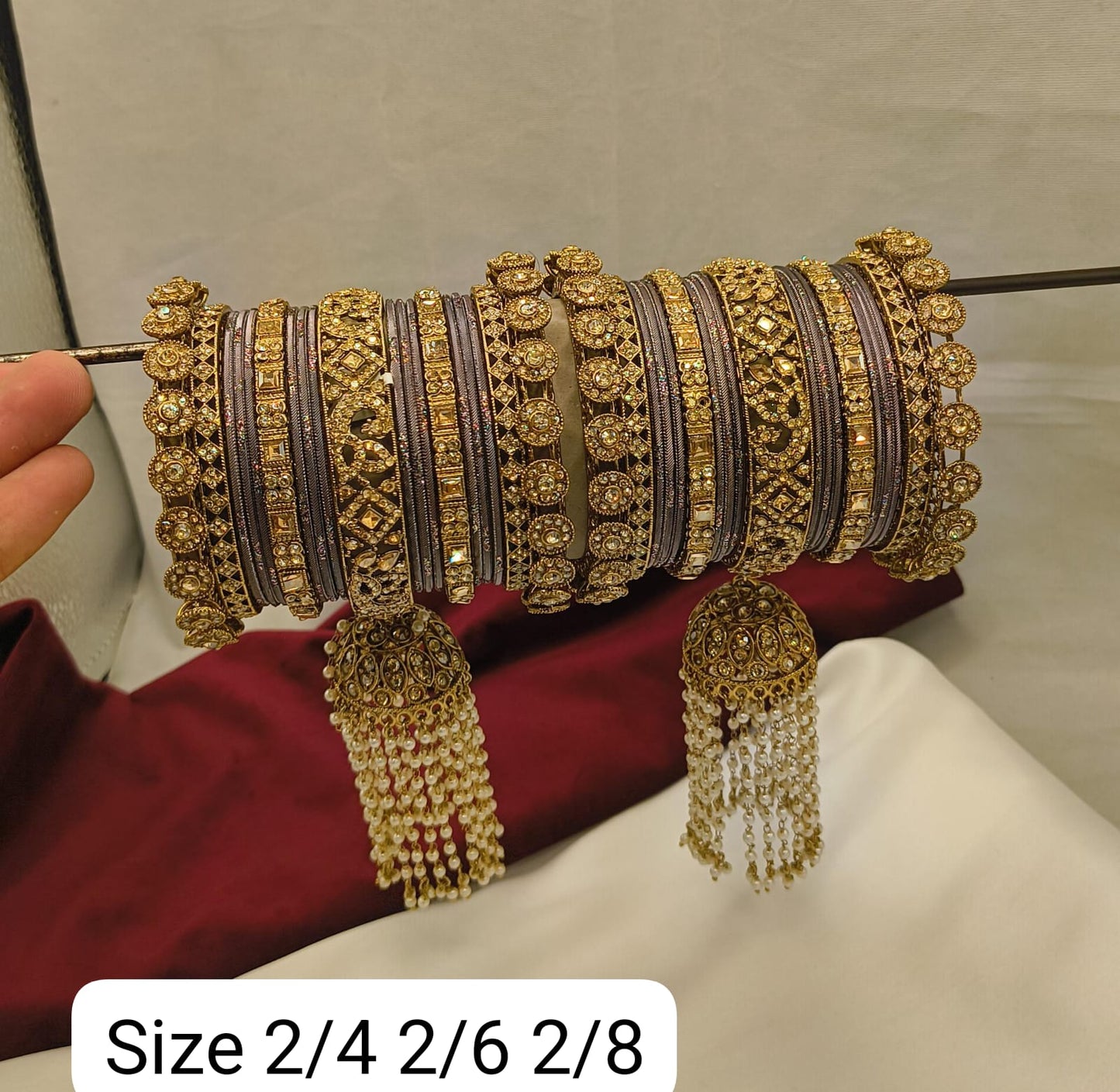 Antique Gold Bridal Chuda Bangle Set with Jhumka Drops Pearl Latkans For Woman