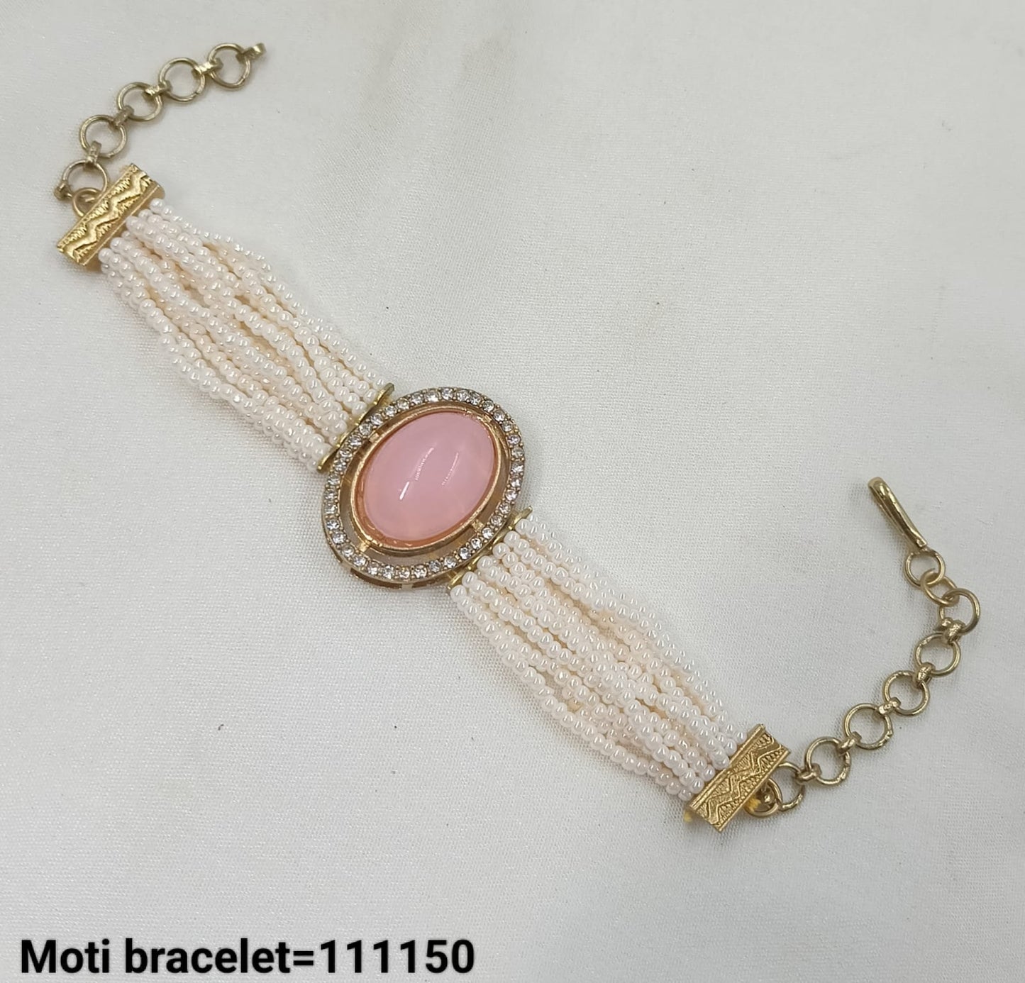 Elegant Kundan Moti Beaded Bracelet with Adjustable Chain