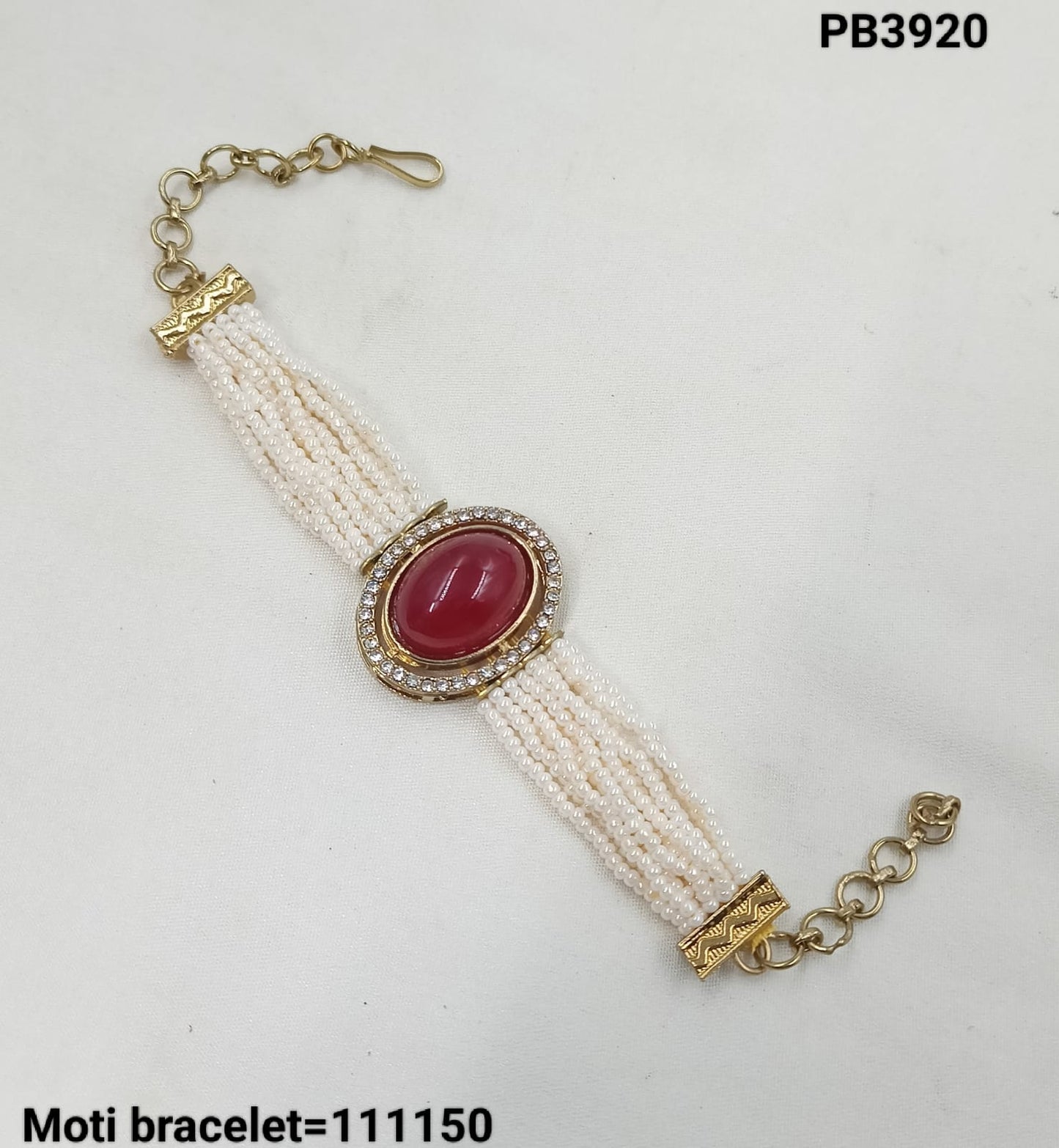 Elegant Kundan Moti Beaded Bracelet with Adjustable Chain