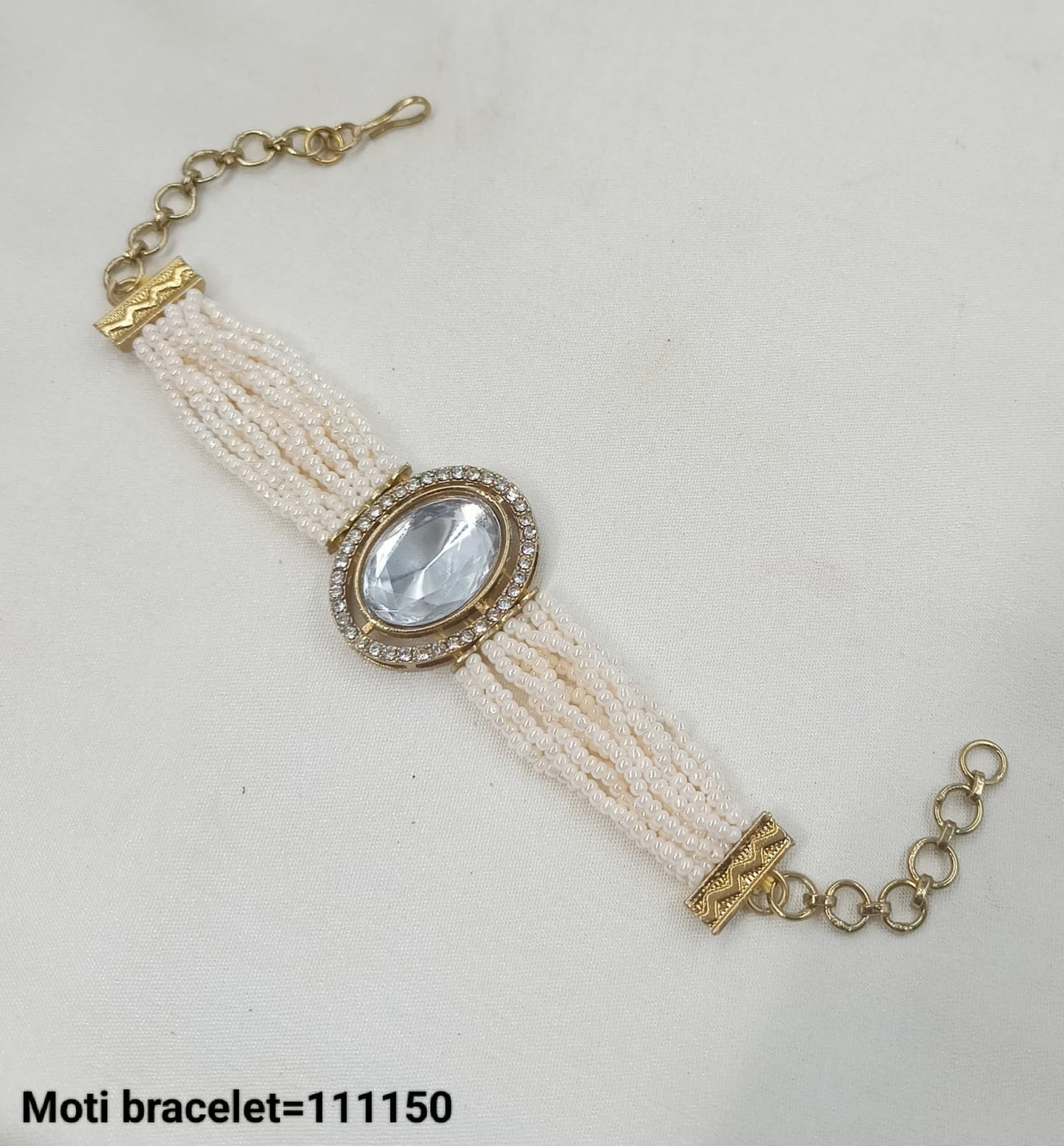 Elegant Kundan Moti Beaded Bracelet with Adjustable Chain