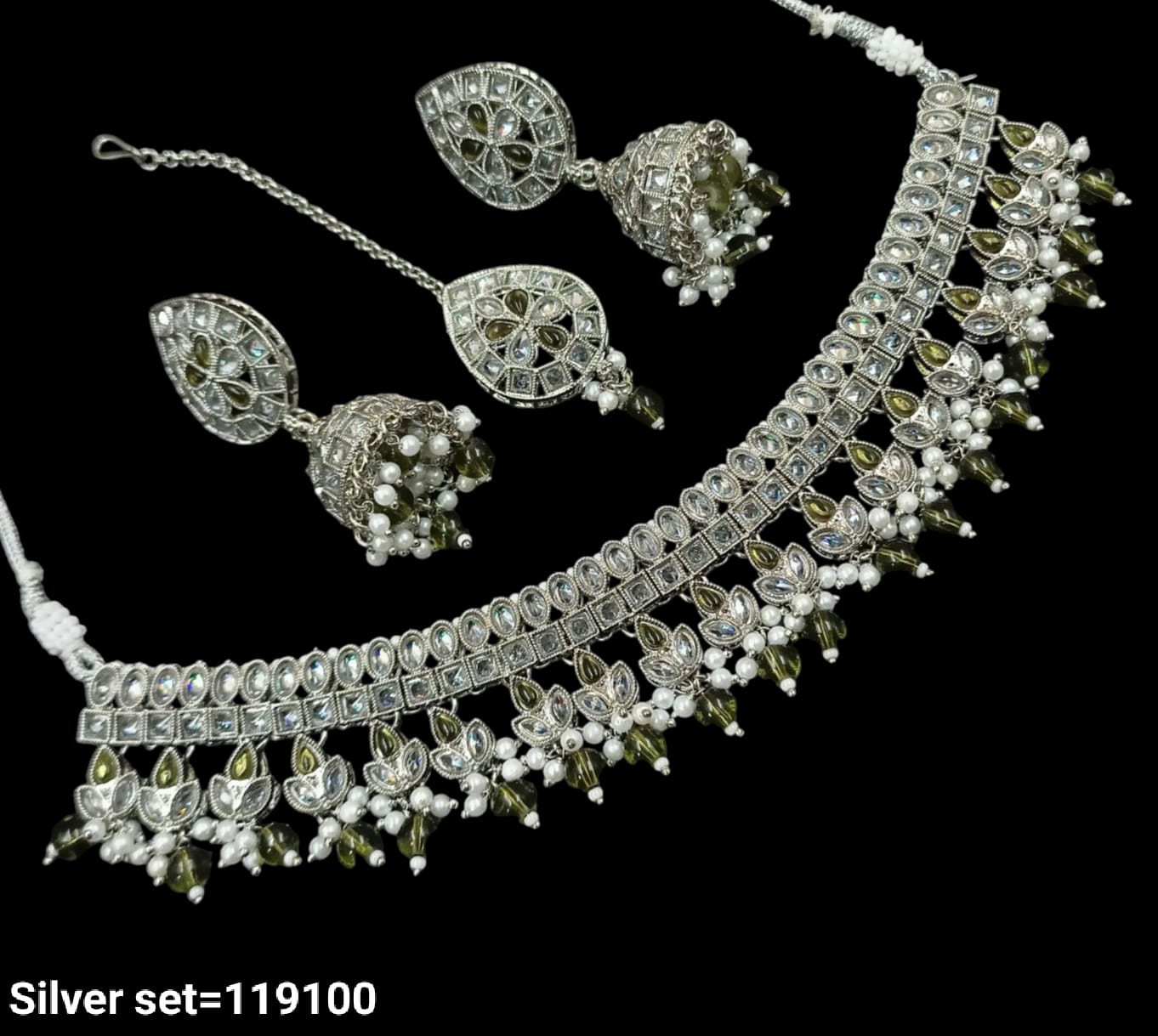 Traditional CZ Necklace and Earring Set with Beaded Detailing