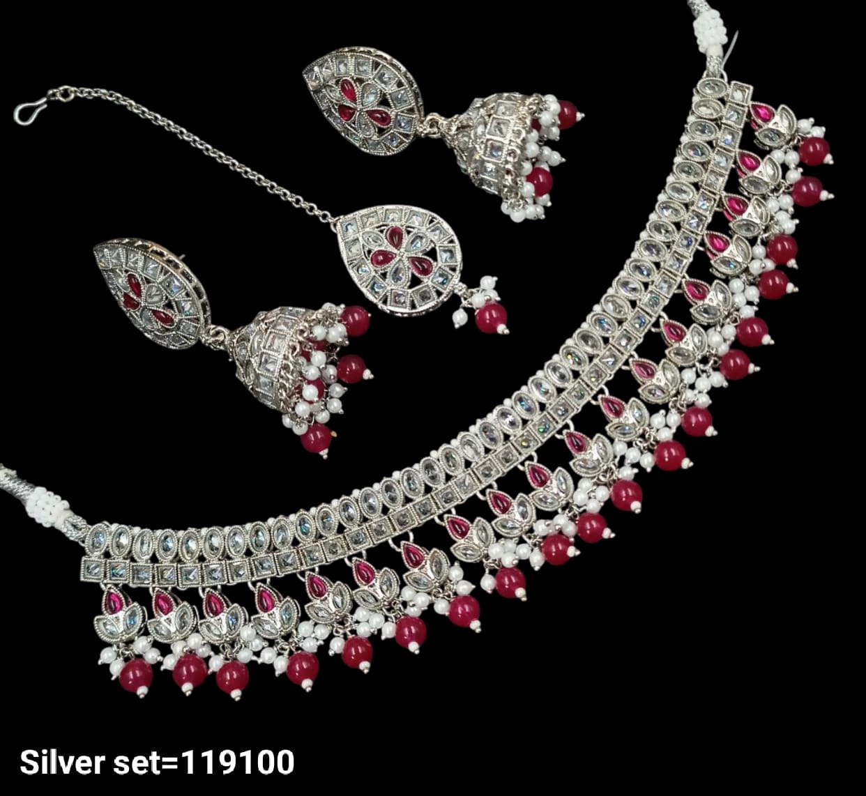 Traditional CZ Necklace and Earring Set with Beaded Detailing