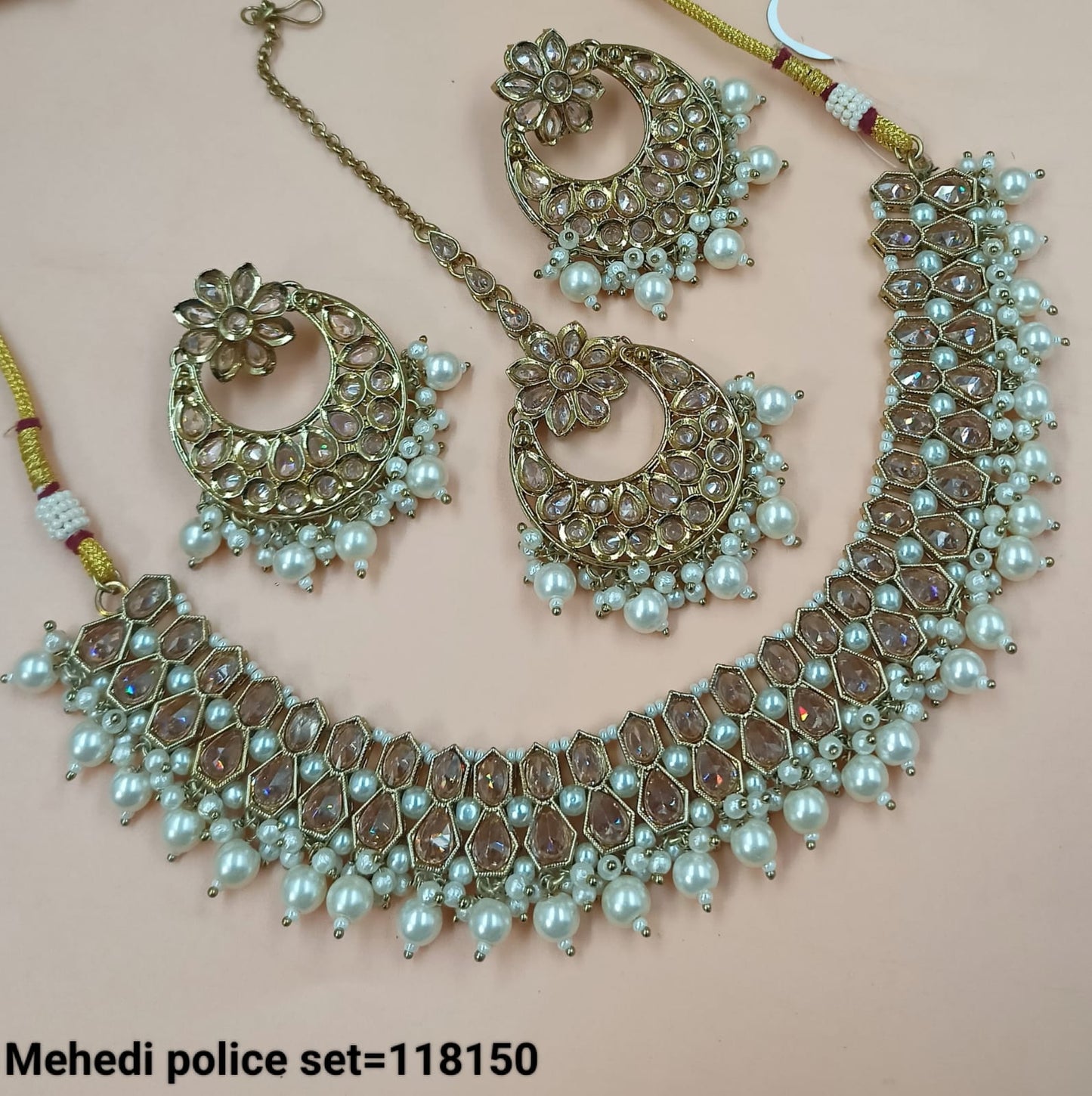 Traditional CZ Necklace and Earring Set with Beaded Detailing