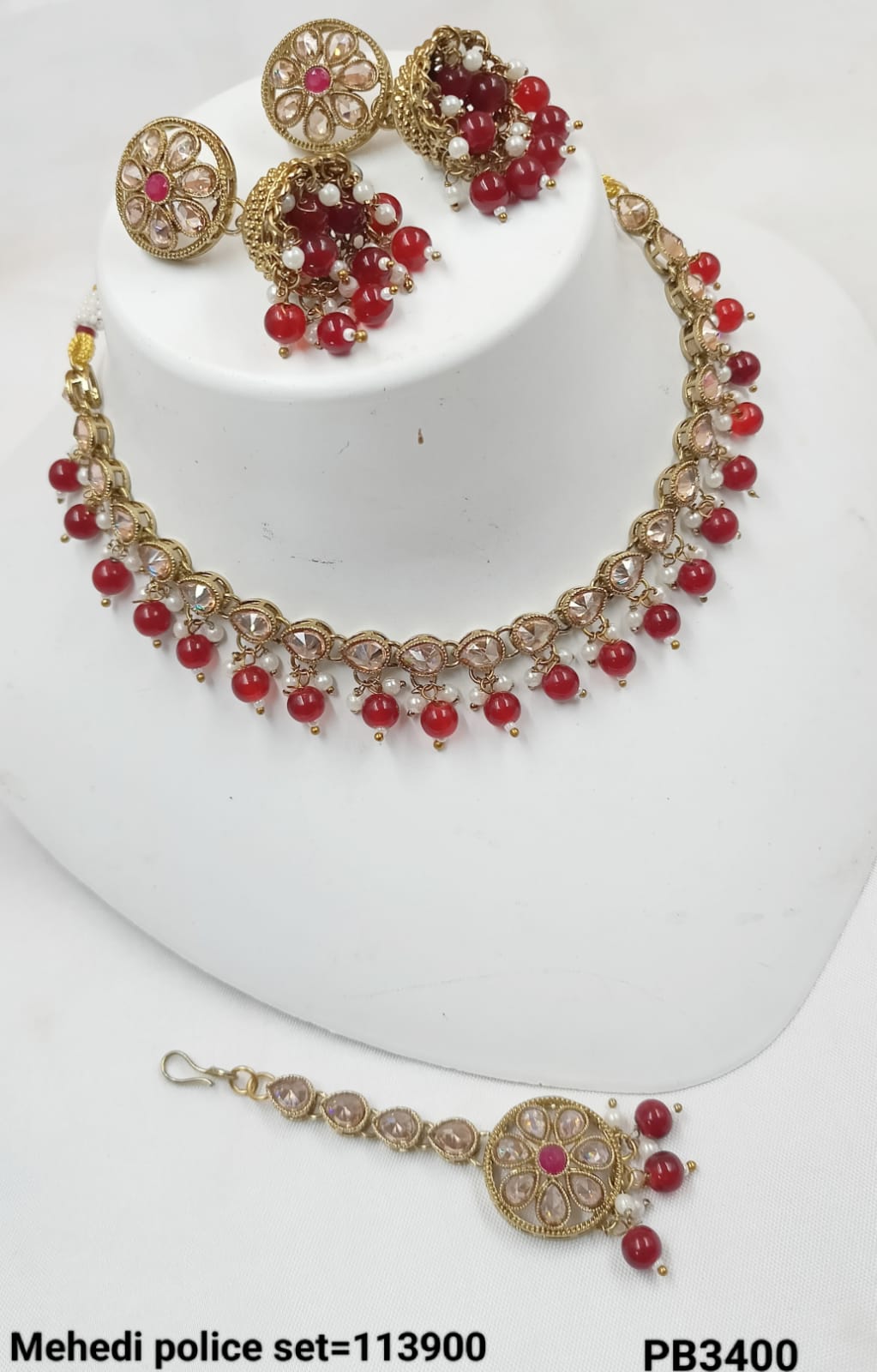 Antique Gold Necklace Set with Teal Green Beads & Jhumkas
