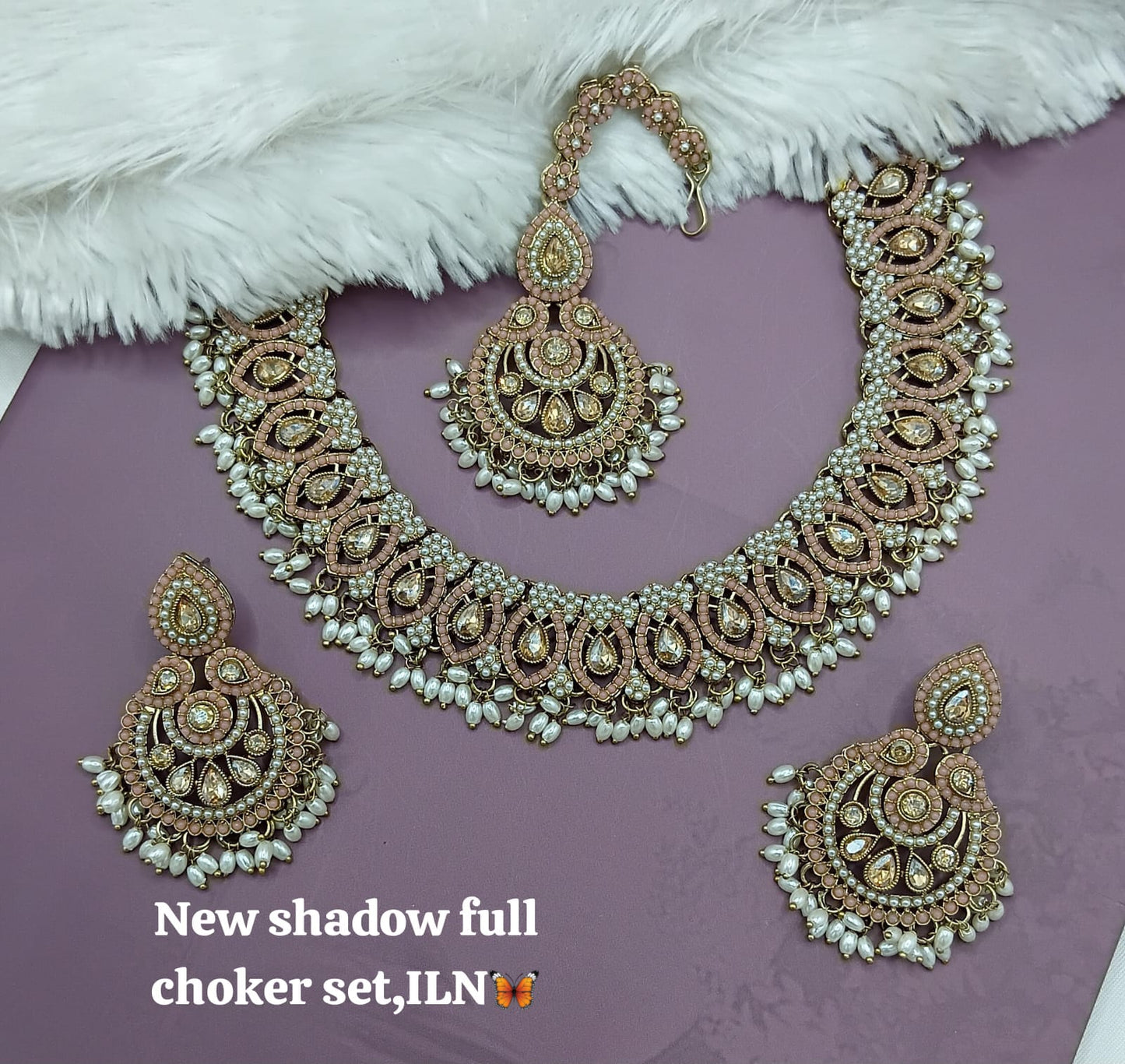 Bridal Shadow Finish Full Choker Necklace Set with Earrings and Maang Tikka